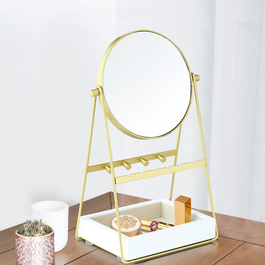 Kenna Round Vanity Mirror with Jewelry Organizer - Elegant Gold & White Tabletop Mirror for Makeup & Dressing Table - Perfect for Bedroom, Bathroom & Gift Giving