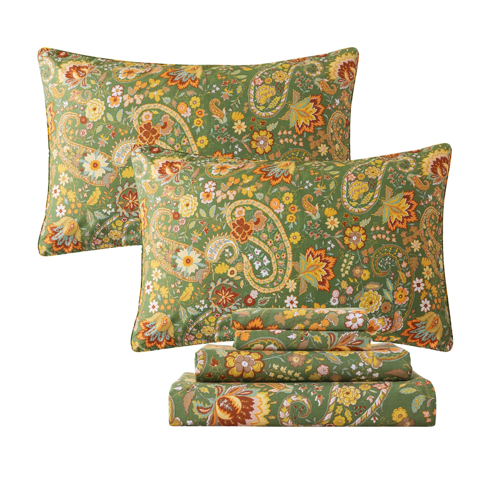 FADFAY Bohemian Paisley Queen Bed Sheet Set - 4PC Luxurious Green Damask Cotton Bedding, Ultra Soft & Breathable with 17.5'' Deep Pocket Fitted Sheet - Perfect for Boho Chic Bedrooms, Guest Rooms & Dorm Decor