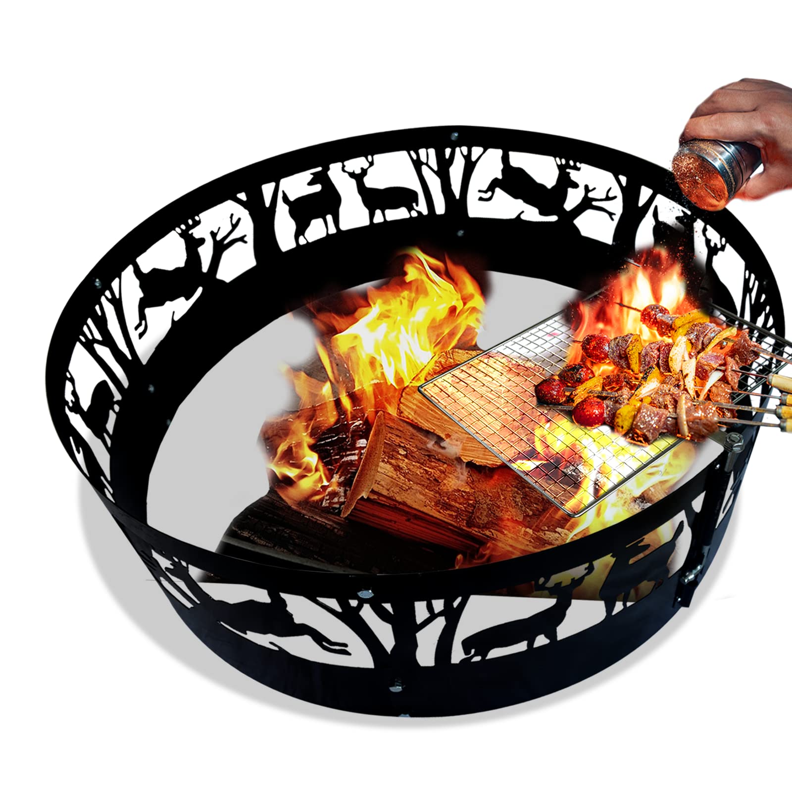 ANDGOAL 36-Inch Heavy Duty Steel Fire Pit Ring with Cooking Grill - Outdoor Camping Fire Ring for Backyard, Patio, and Garden Use
