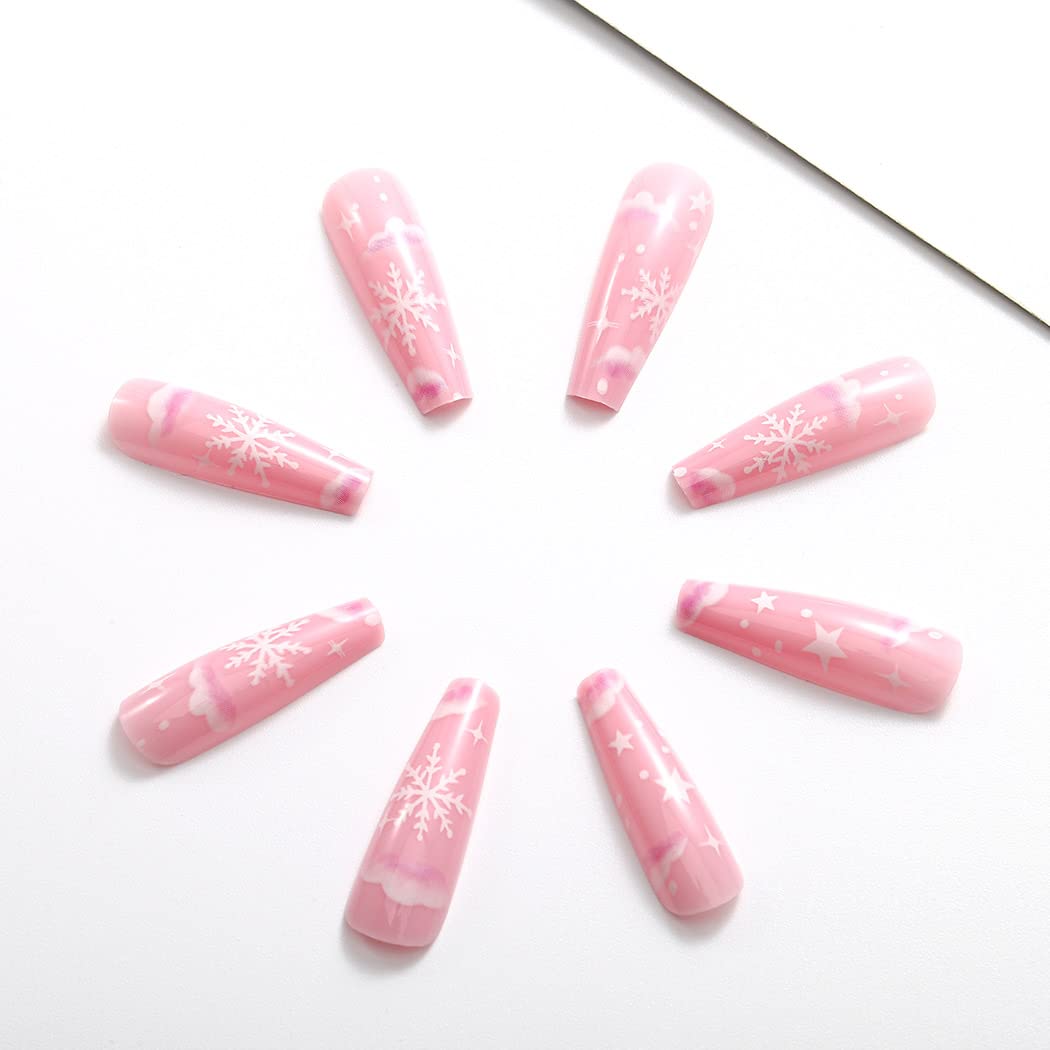 Christmas Snowflake Press-On Nails - Glossy Pink Coffin Fake Nails Long Cute Ballerina Style, Full Cover Artificial False Nails Tips for Women & Girls (24Pcs, Style B) - Perfect for Holiday Parties, Gift Giving & Special Occasions