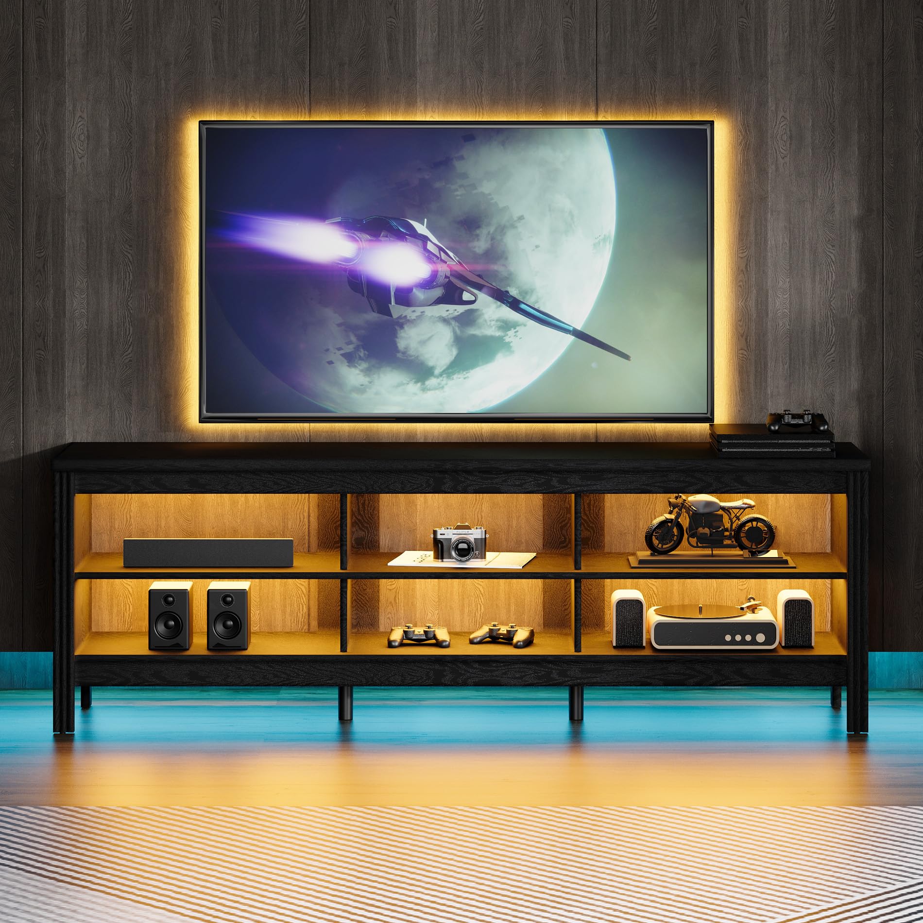 WAMPAT TV Stand for 65/70/75 Inch TVs - Modern Entertainment Center with Storage Shelves & LED Lights, Farmhouse Style TV Cabinet for Living Room, Bedroom - Espresso Brown Finish - Perfect for Home Theater Setup & Living Room Decor
