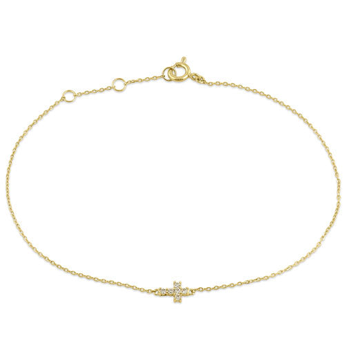 14K Solid Yellow Gold CZ Cross Bracelet for Women - Elegant Religious Jewelry Gift for Christmas, Baptism & Everyday Wear