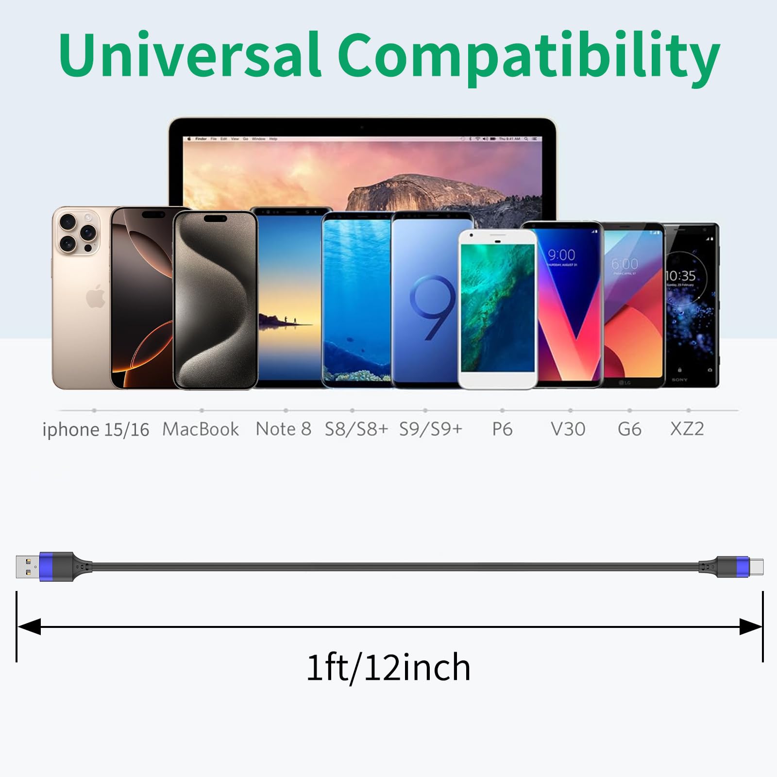 10 Pack 1ft Short USB C to USB A Charger Cables - Fast Charging & Sync for iPhone 15, Samsung Galaxy S24/S23/S20/S10/S9, Note 20/10/9 - Perfect for Charging Stations, Travel & Home Use