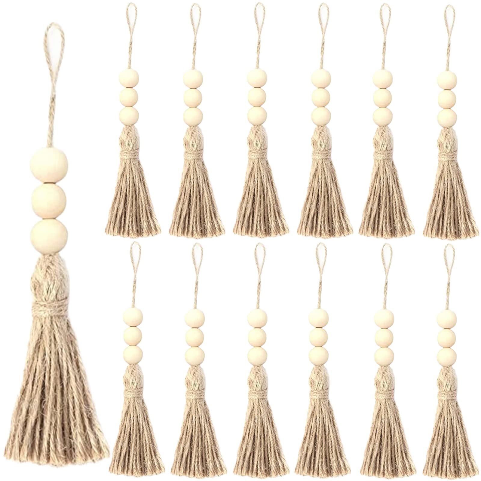 Happyay 12 Pcs Natural Jute Rope Tassel with 3 Wood Beads - Farmhouse Boho Decor for Closet Door Knob, Cabinet Pulls, Wall Hanging - Rustic Home & Wedding Decoration