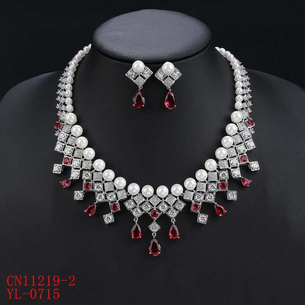 Luxury 2Pcs Pearl & Cubic Zirconia Necklace Earrings Set for Women - White, Red, Blue Jewelry for Wedding, Party & Special Occasions | Elegant Bridal & Evening Wear Accessories