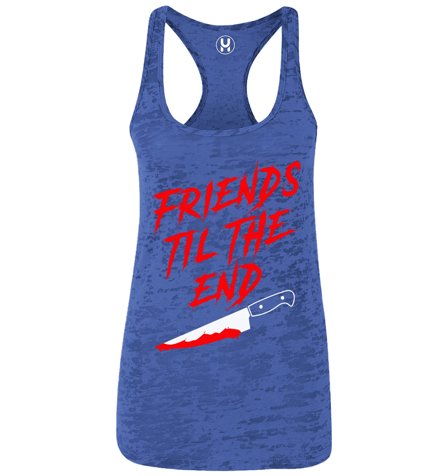 Friends Til The End Horror Movie Parody Women's Racerback Tank Top - Funny Graphic Tee for Halloween, Cosplay & Horror Fans