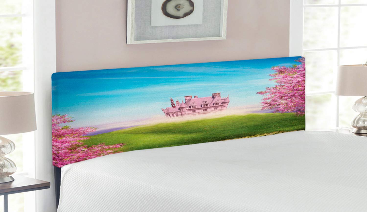 Ambesonne Queen Size Upholstered Metal Bed Headboard with Memory Foam - Cartoon Landscape Design with Cheerful Flowers and Greenland Nature Theme in Green Pink Blue - Perfect for Kids' Bedrooms, Nursery Decor or Whimsical Home Interiors