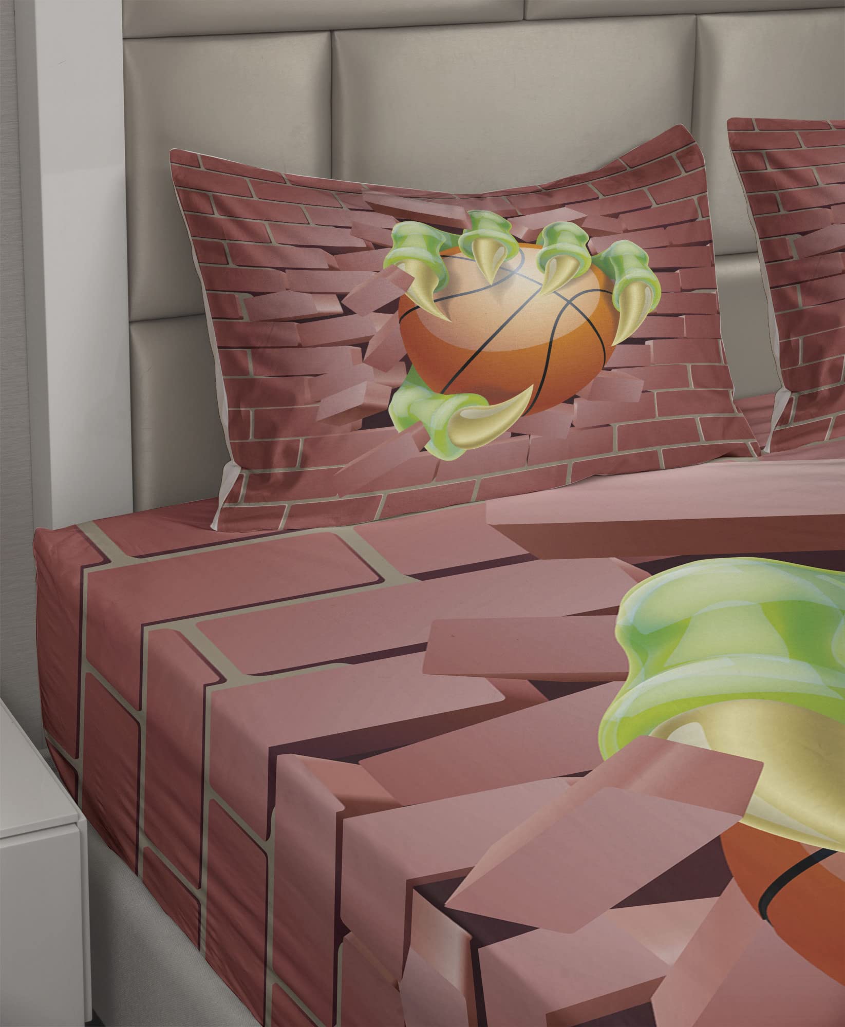 Ambesonne Brick Wall Bed Sheet Set 4-Piece - Claw Beast Monster Hand Holding Basketball Through Brick Wall Design - Queen Size Fitted & Flat Sheets with Pillowcases - Coral Orange & Lime Green - Perfect for Teen Boys Room, Dorm Decor, Basketball Fans Gift