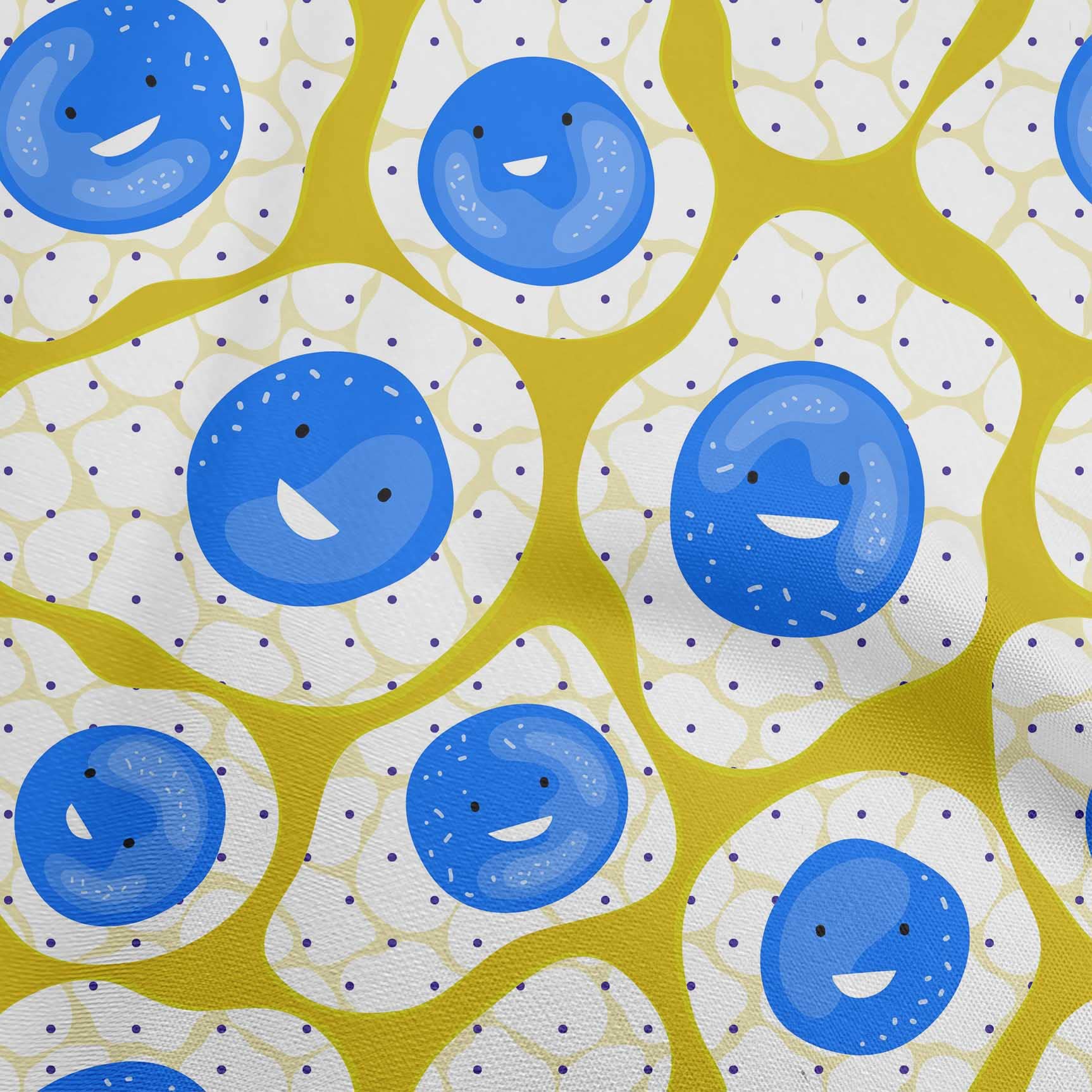 Premium 100% Cotton Poplin Twill Fabric - Medium Blue Kawaii Fried Egg Print - 56 Inch Wide Sewing Material for DIY Crafts, Quilting & Apparel Making - Perfect for Cute Japanese-Style Clothing, Home Decor & Accessories