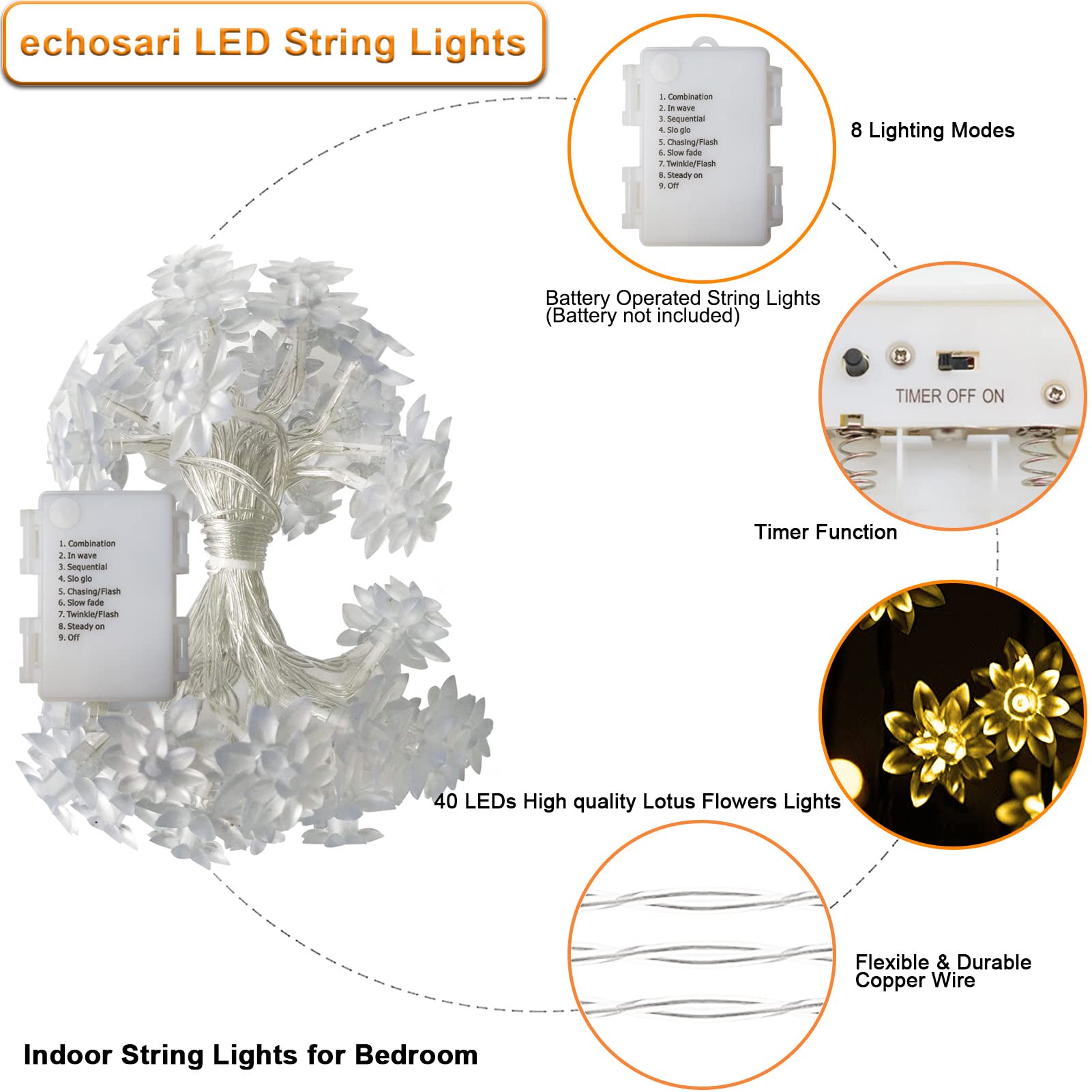 Echosari 13.2ft 40 LED Battery Operated Lotus Flower String Lights with Timer - Warm White Fairy Lights for Kids Bedroom, Garden, Wedding, Party & Outdoor Decor