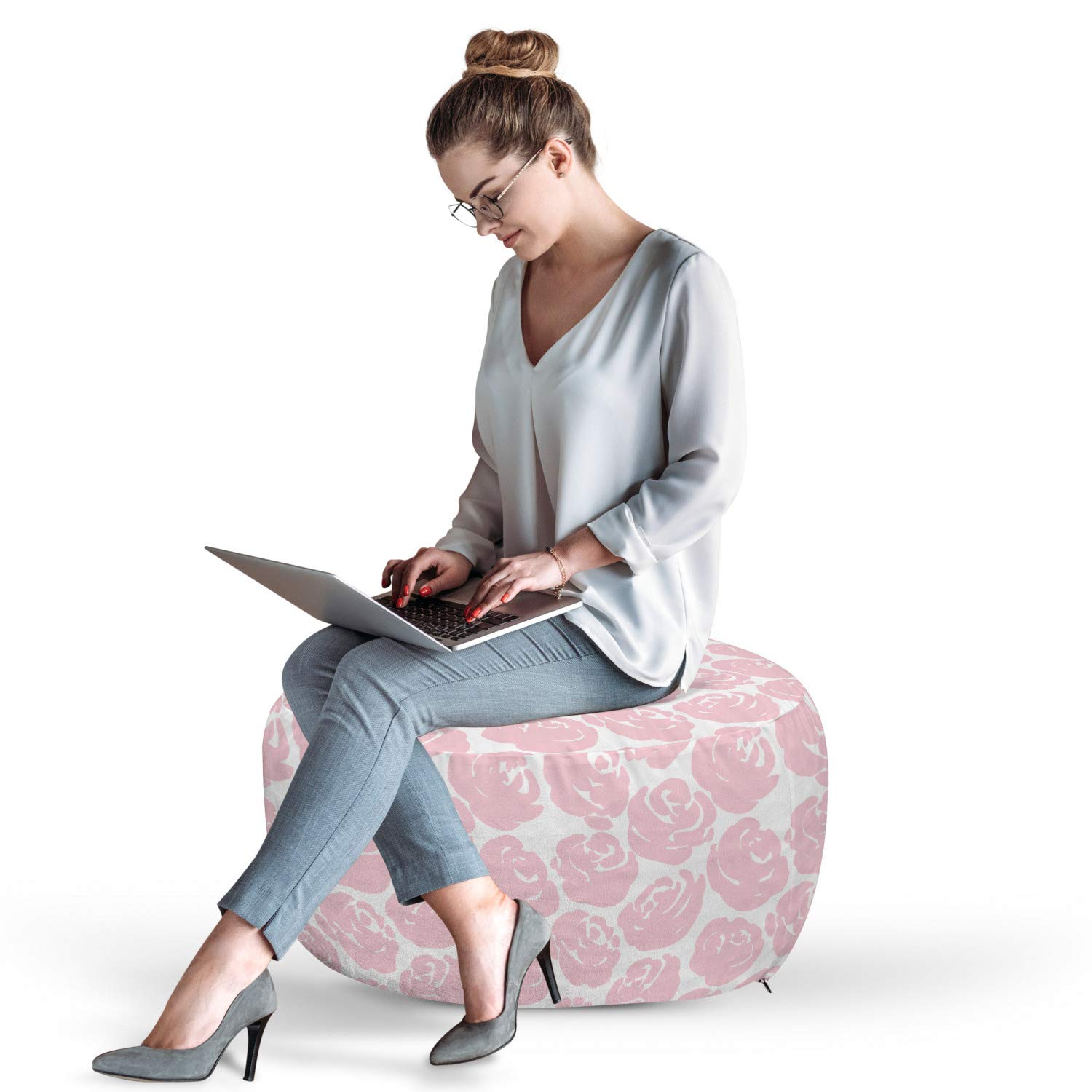 Ambesonne Floral Pouf Cover with Zipper - Rose Silhouette Design, English Garden Print Decorative Fabric Unstuffed Case, 30