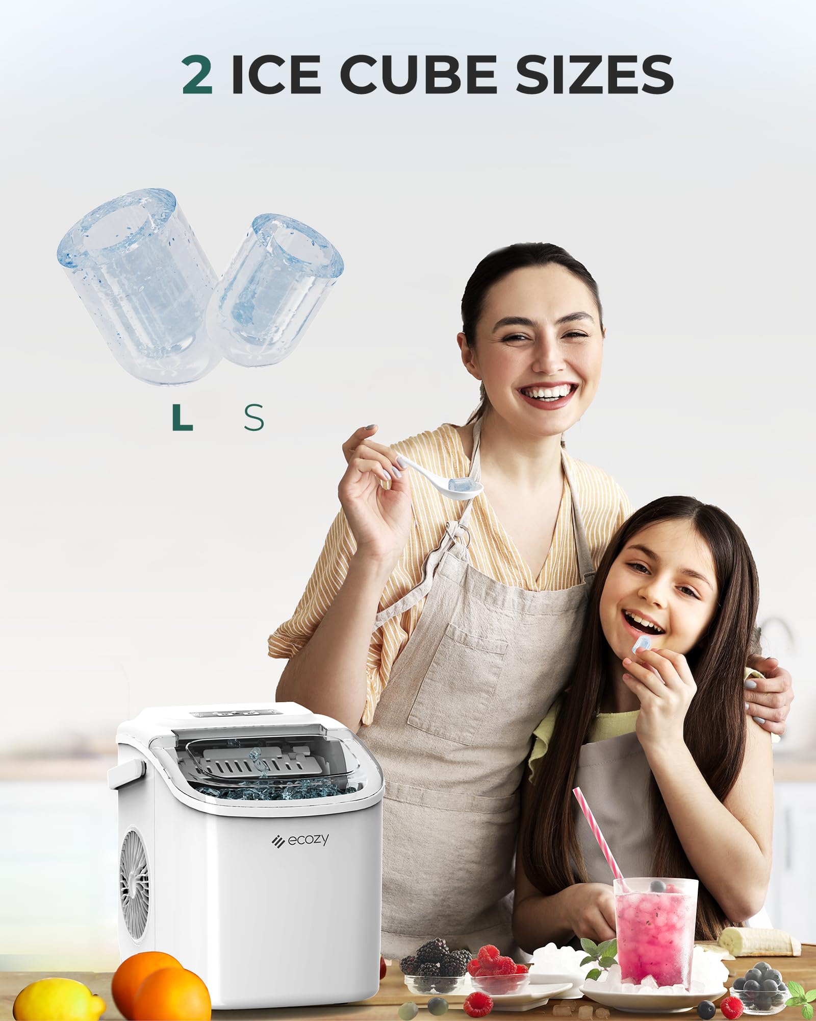 Ecozy Portable Countertop Ice Maker - Fast 9 Ice Cubes in 6 Minutes, 26 lbs Daily Output, Self-Cleaning with Ice Bags, Scoop & Basket - Perfect for Kitchen, Office, Bar, Party & Outdoor Gatherings - White