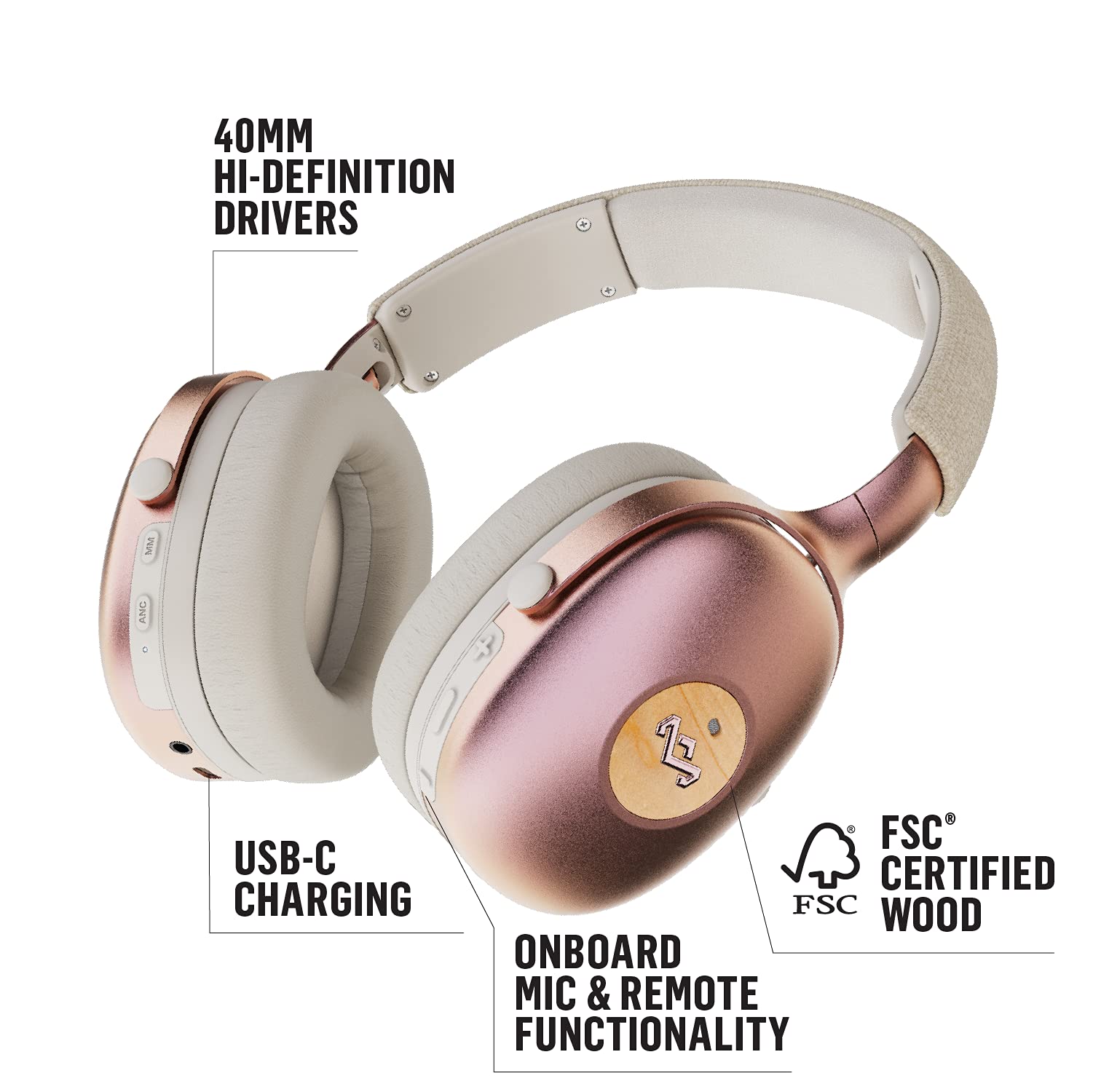 House of Marley Positive Vibration XL ANC Wireless Bluetooth Headphones - Noise Cancelling Over-Ear Headset with Microphone, 26-Hour Playtime, Copper Finish - Perfect for Travel, Work & Music Lovers