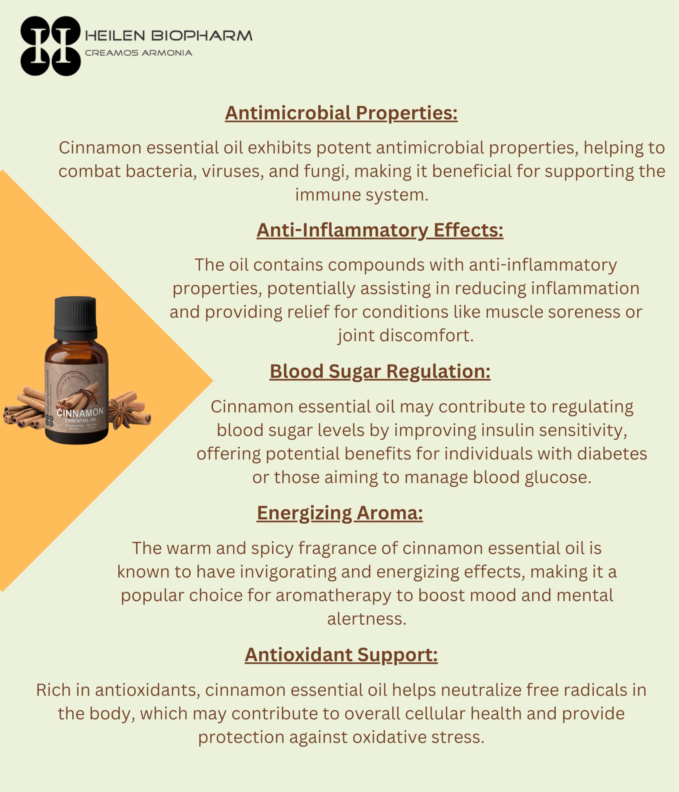 Heilen Biopharm Cinnamon Essential Oil - 15mL Bottle for Aromatherapy, Digestive Support & Stress Relief | Perfect for Diffusers, Massage & DIY Skincare