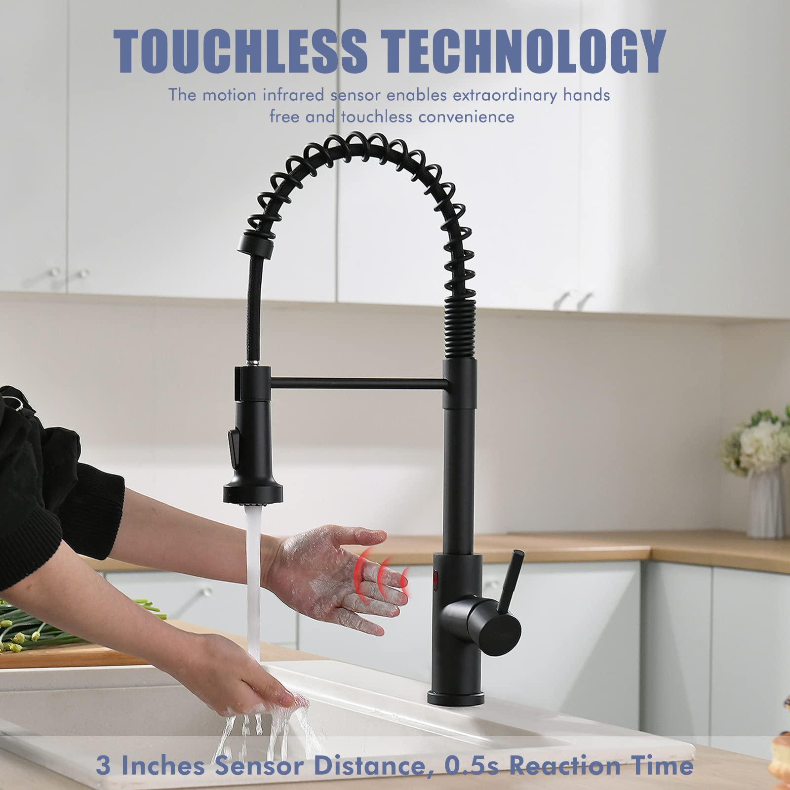 Smart Touchless Kitchen Faucet - Matte Black Motion Sensor with Pull-Down Sprayer for Modern Kitchens
