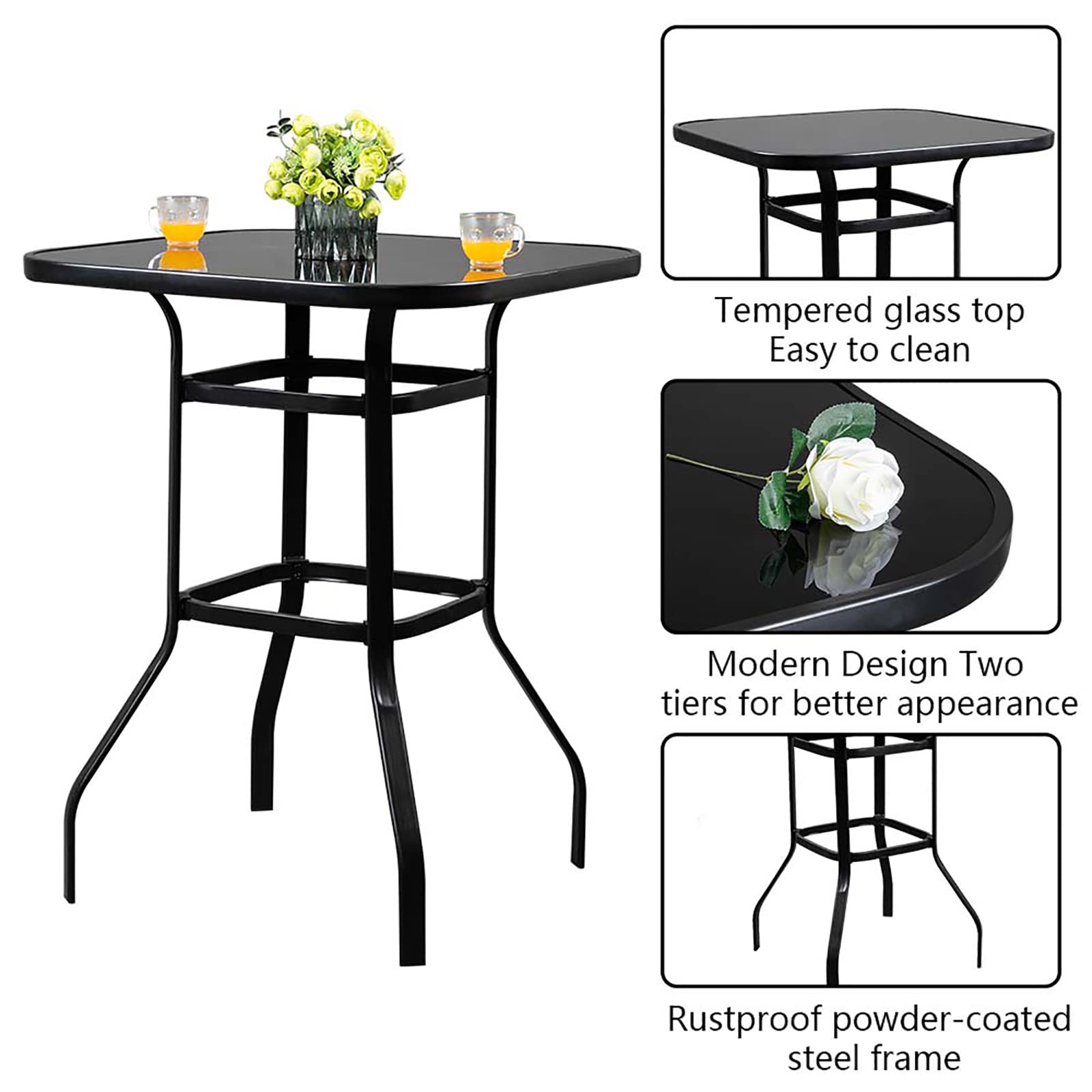 **Outdoor Bar Table - Heavy Duty Metal Frame with Tempered Glass Top - All-Weather Patio Bistro Table - Black - Easy Assembly for Backyard, Garden, or Poolside Dining**