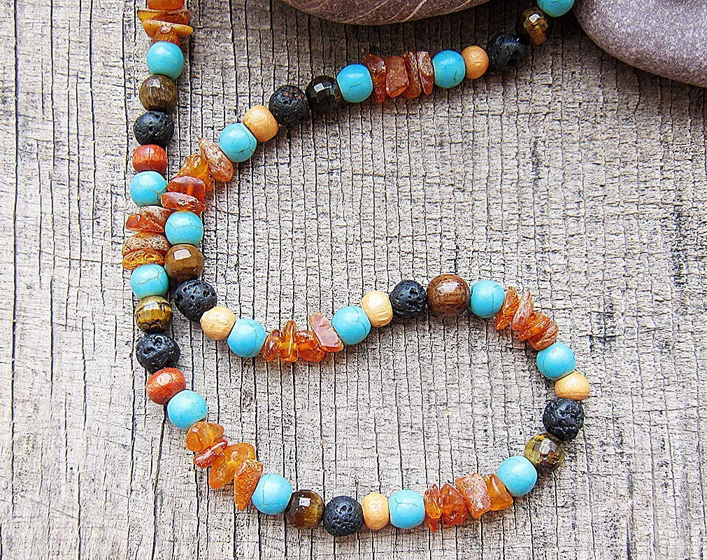 Surfer Choker Necklace for Men - 8mm Natural Baltic Amber Beaded Tribal Jewelry with Wood Accents | Perfect for Beach Parties, Music Festivals & Boho Style Outfits