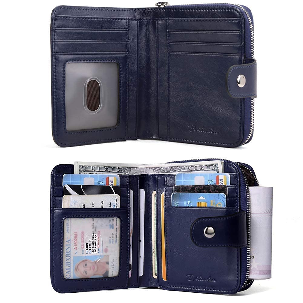 BOSTANTEN Women's Leather Designer Handbag Tote Purse Shoulder Bucket Bag in Navy Blue with RFID Blocking Zipper Pocket - Includes Small Bifold Leather Wallet Card Case - Perfect for Work, Travel and Everyday Use