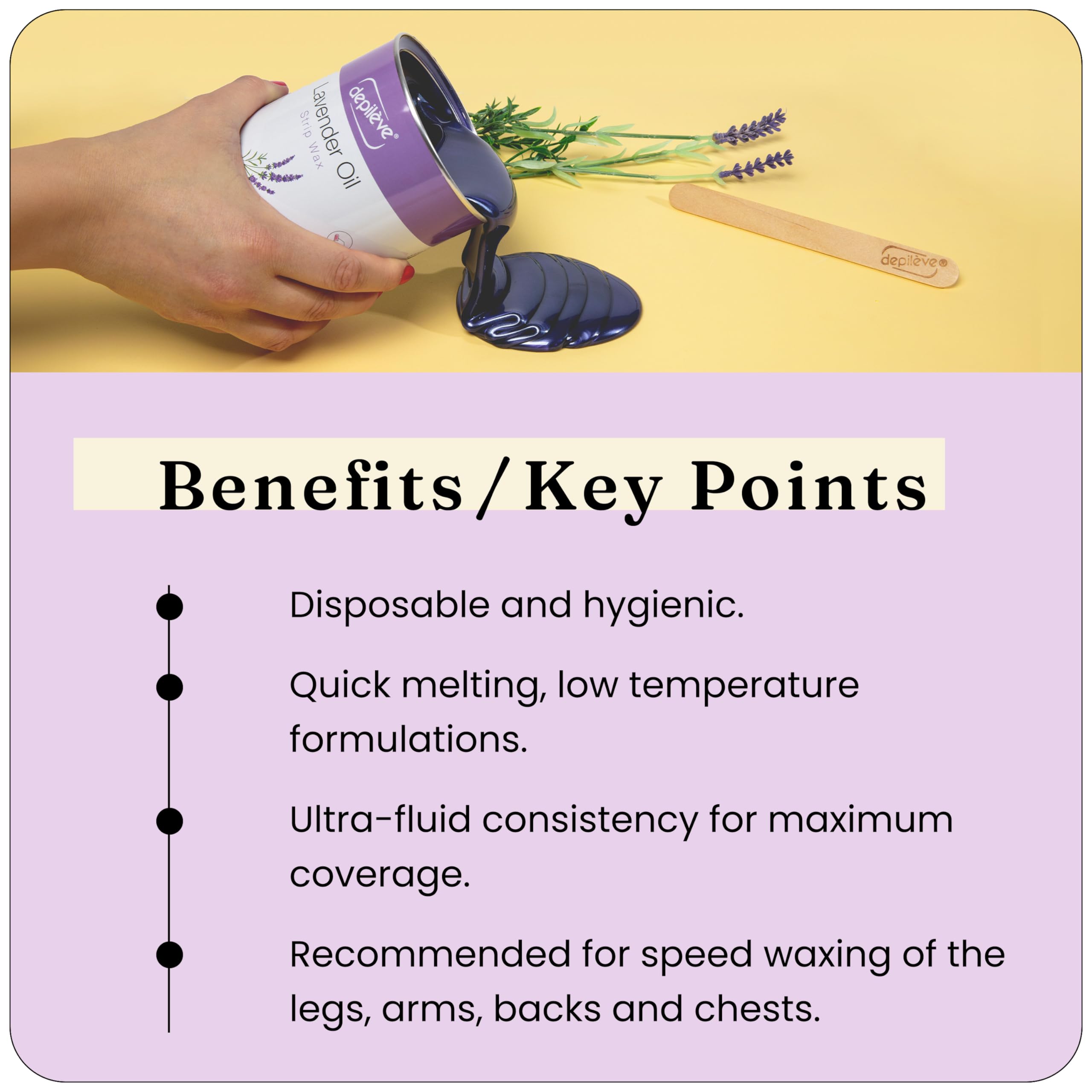 Depileve Sensitive Skin Hair Removal Wax - Lavender Rosin Wax for Full Body & Bikini Area - Moisturizing Strip Wax for Women & Men - Salon & Home Use - Perfect for Legs, Arms, Underarms & Face
