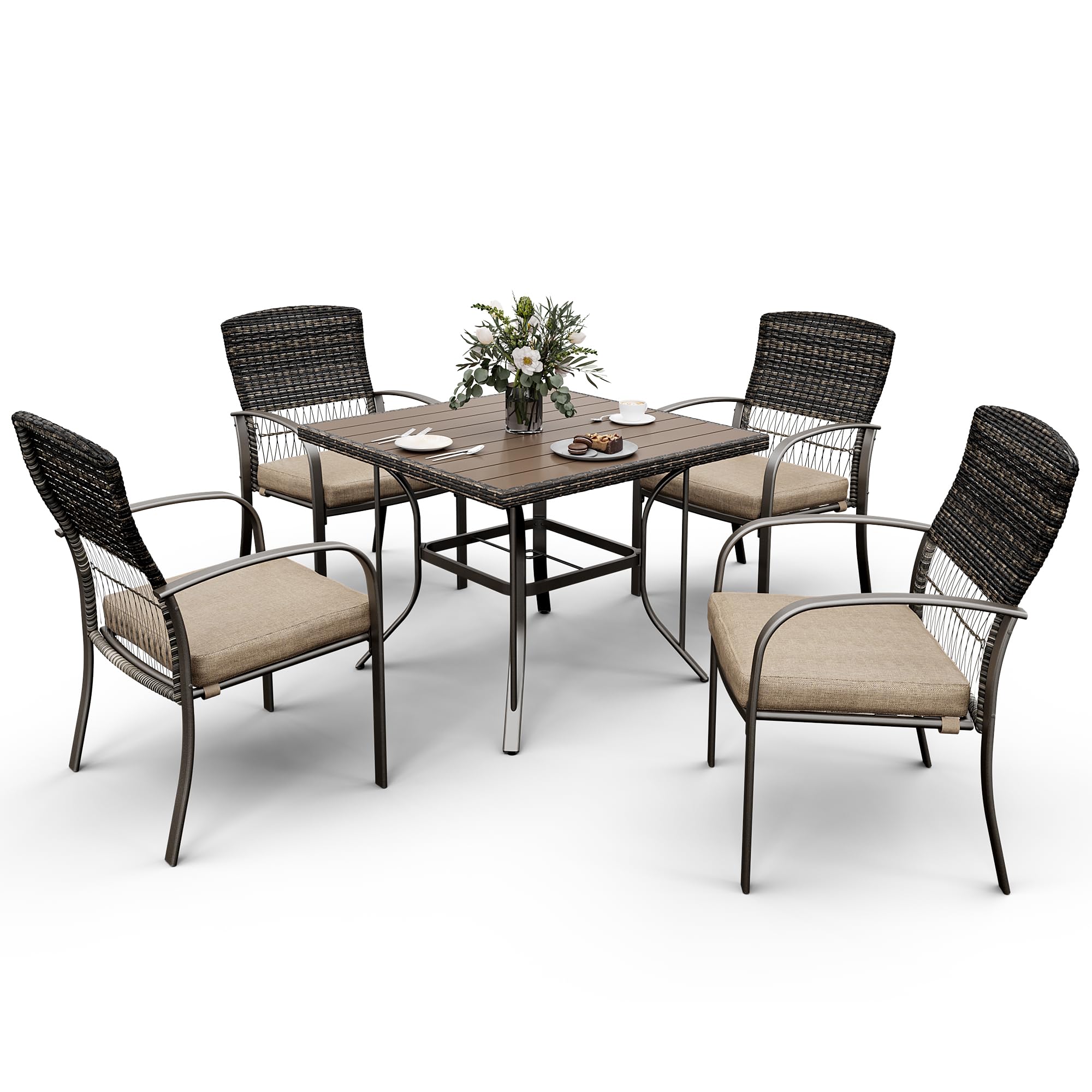 5-Piece All-Weather Patio Dining Set for 4 with Umbrella Hole - Beige Plastic-Wood Table & Wicker Chairs with Removable Cushions - Perfect for Deck, Garden, Backyard, Poolside & Outdoor Entertaining