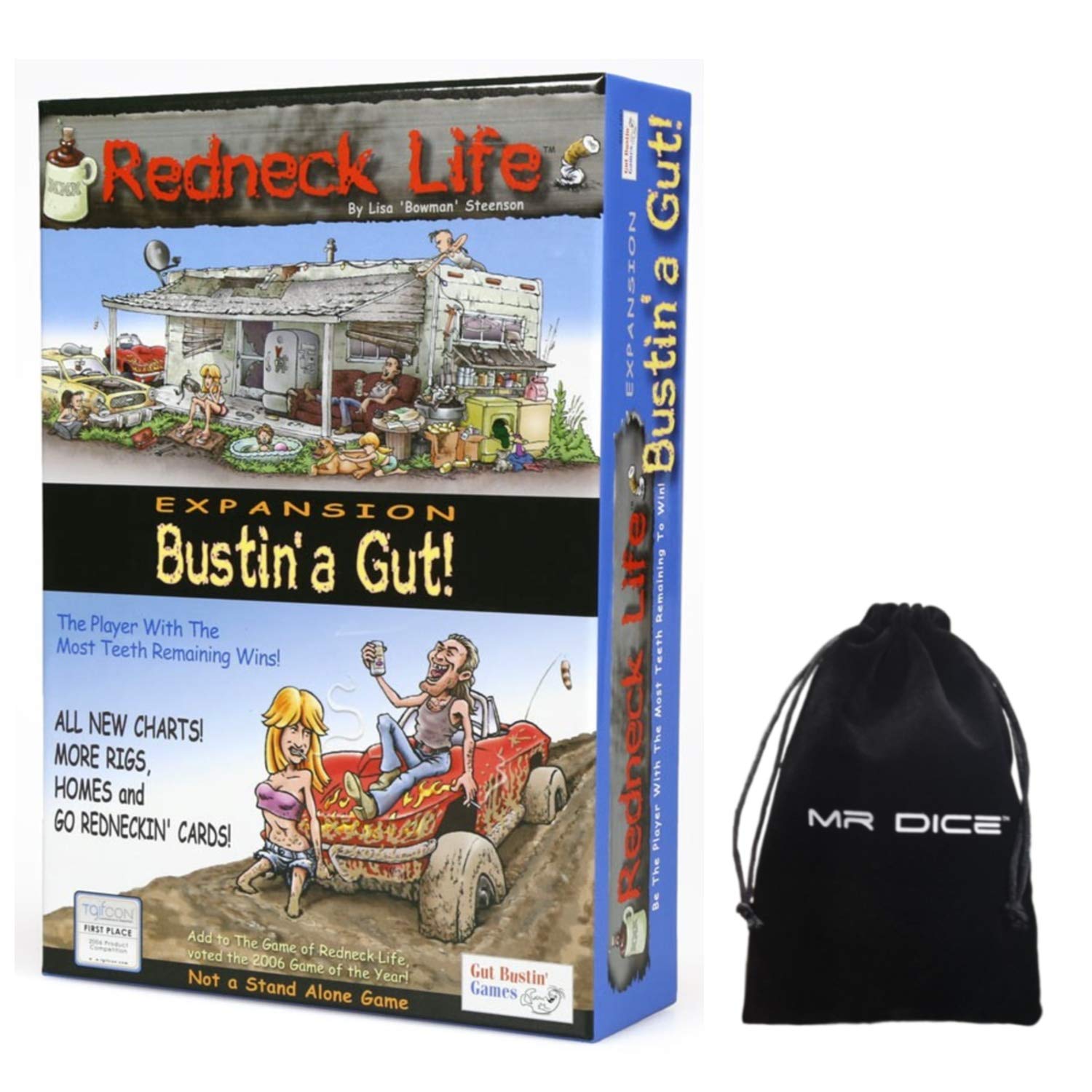 Redneck Life Expansion: Bustin' A Gut! Board Game Bundle with Mr Dice Drawstring Bag - Fun Party Game for Adults & Family Game Night