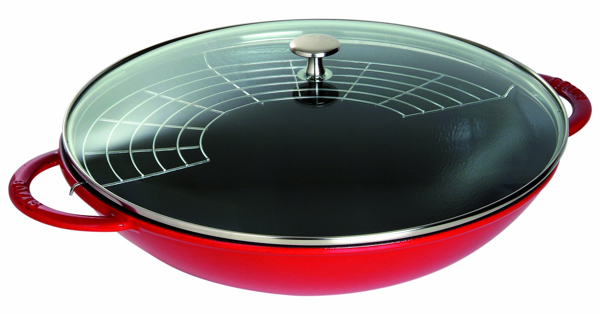 STAUB Cast Iron Wok with Glass Lid & Removable Grid, 14.6 Inch (37 cm) 5.7L Capacity, Cherry Red - Induction Compatible for Stir-Frying, Searing & Asian Cooking | Perfect for Home Chefs & Professional Kitchens