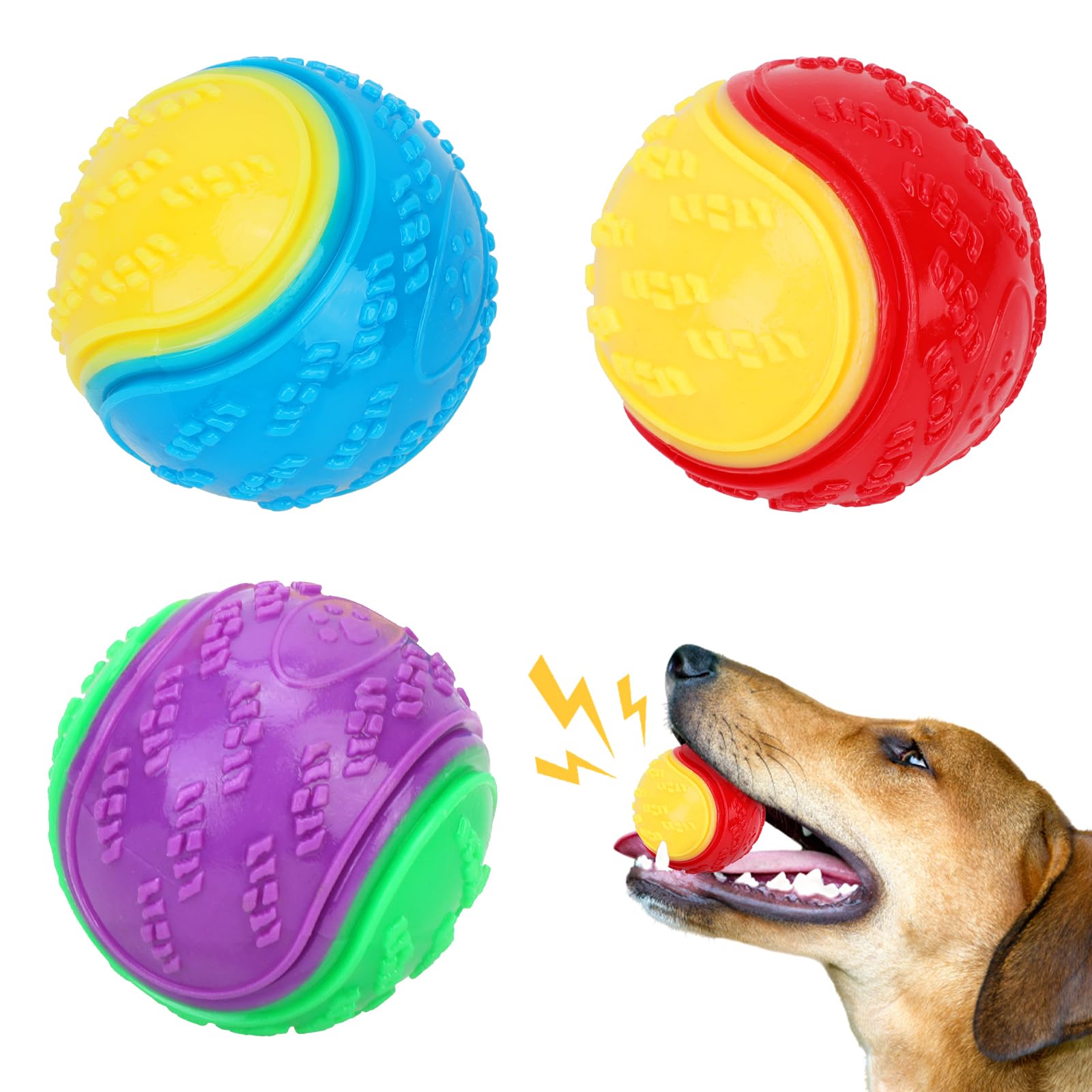 QKURT 3-Pack Durable Squeaky Dog Balls - Indestructible Chew Toys for Medium & Large Dogs - High Bounce Rubber Ball for Teeth Training & Interactive Play - Perfect for Fetch, Training & Outdoor Activities