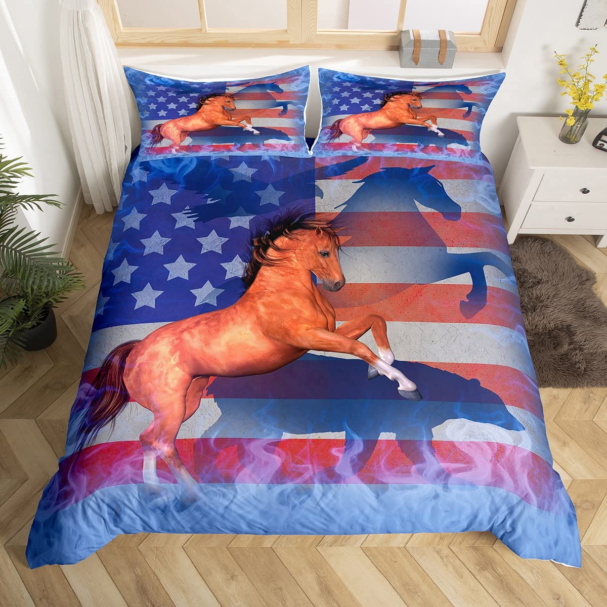 Wild Animal Brown Horse Print Comforter Cover Set - Vintage American Flag Duvet Cover for Adults, Teens & Kids - Twin Size Bedding Collection - Perfect for Western Themed Rooms, Ranch Decor & Patriotic Home Styling