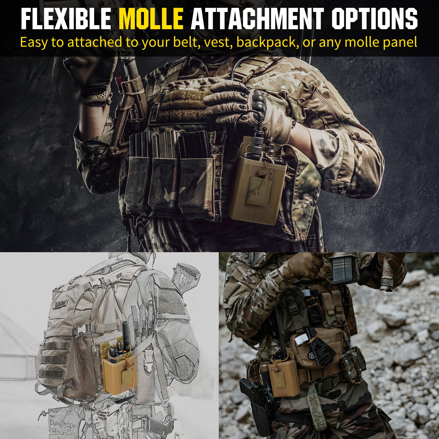 IronSeals 2 Pack Tactical MOLLE Adjustable Radio Pouch - Durable Walkie Talkie Holder for Two-Way Radios, Outdoor Sports, Hiking & Emergency Communication - Fits Motorola, Baofeng & More