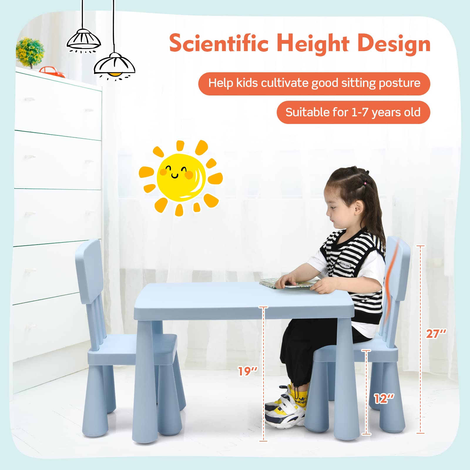 KOTEK 3-Piece Kids Table and Chair Set - Plastic Toddler Table with Chairs for Art, Crafts, Reading, Drawing, Snack Time - Playroom, Preschool & Kindergarten Activity Furniture for Ages 1-7 (Blue) - Perfect for Home, Daycare & Learning Centers