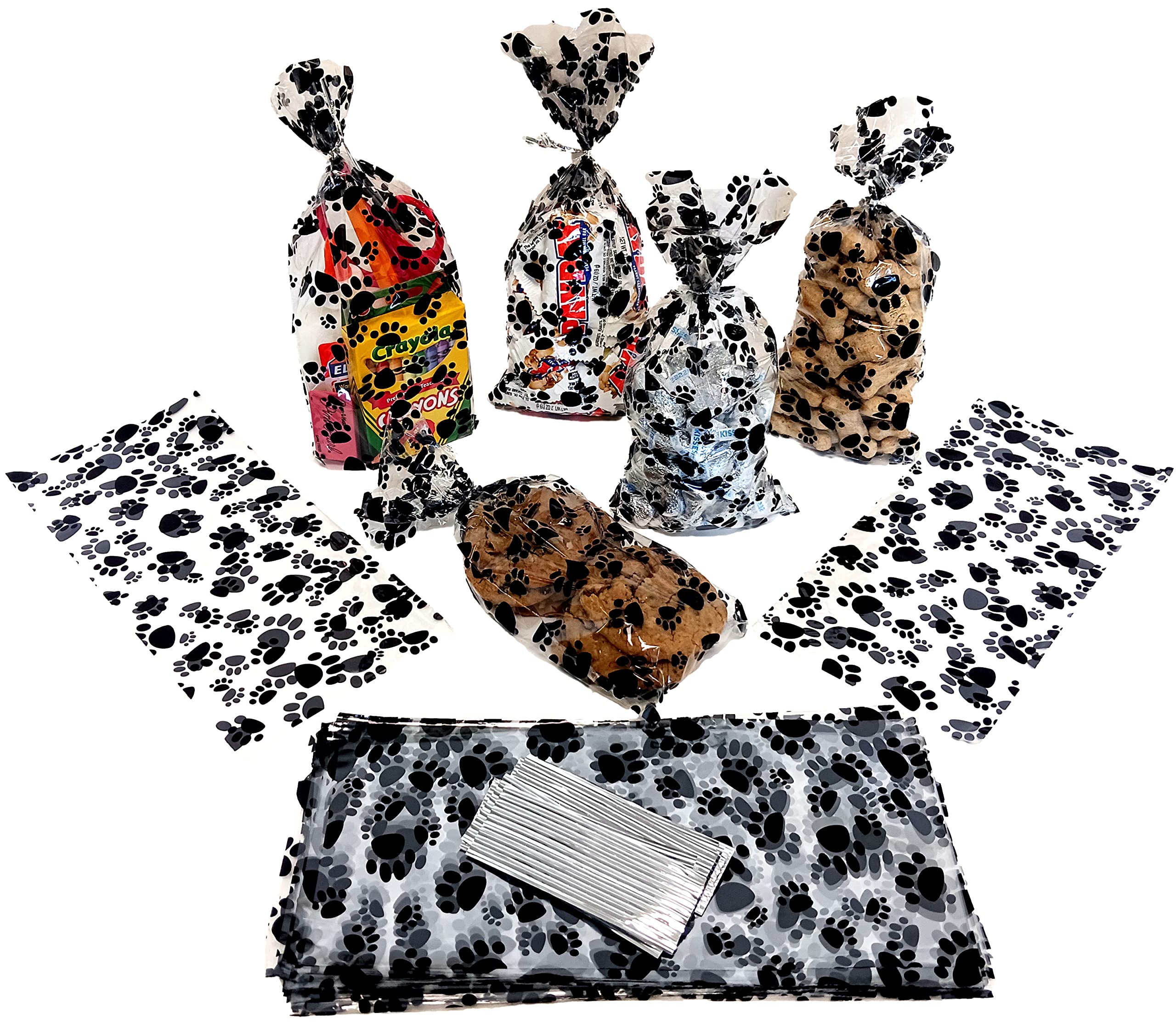 DOG PAW PRINT Plastic Gift Bags - 100 Count Dog Treat Bags for Pet Parties, Dog Birthday Favors & Puppy Shower Supplies