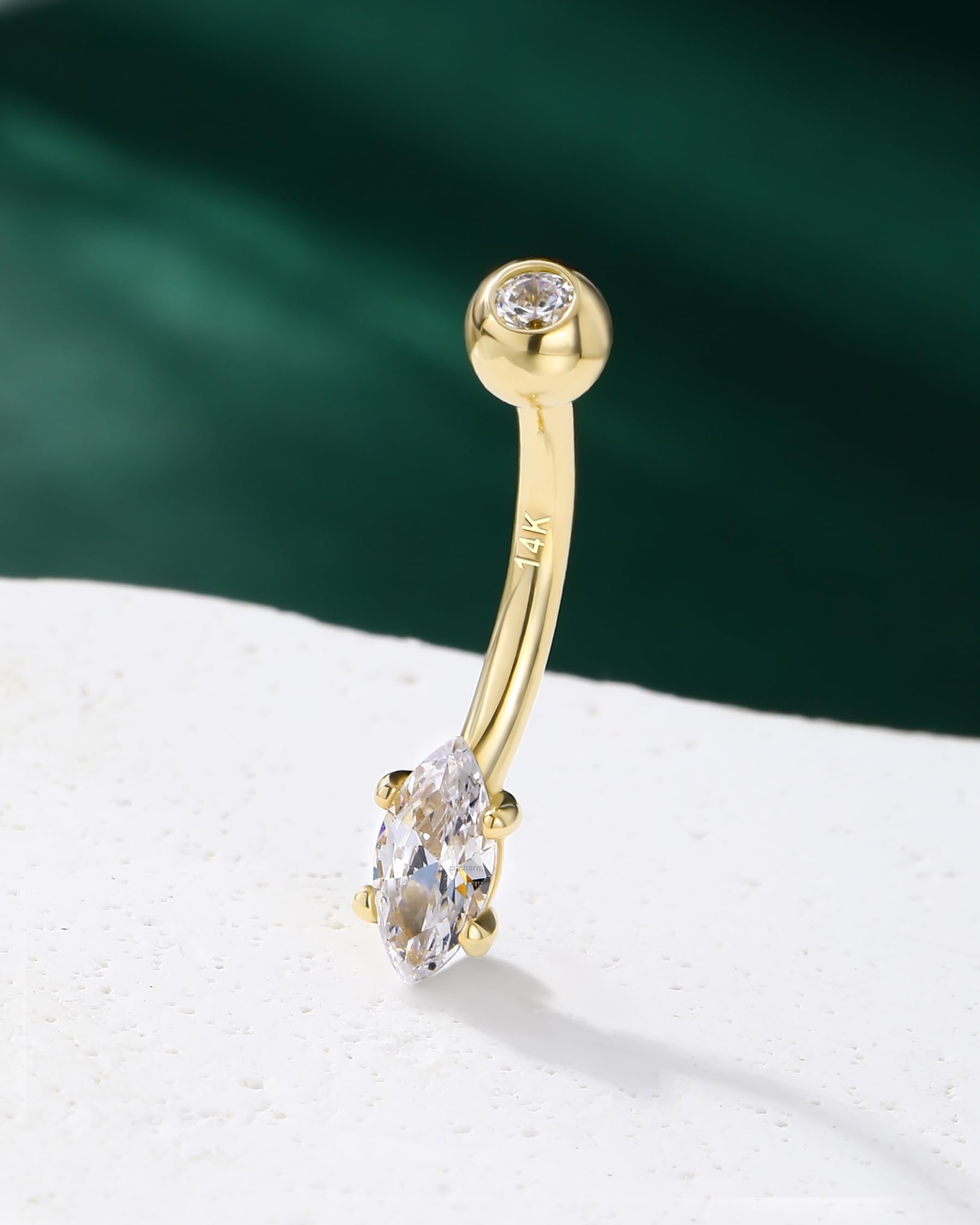 14K Gold Marquise CZ Belly Button Rings - White & Yellow Diamond Navel Piercing Jewelry for Women & Men - 14G Belly Ring - Perfect for Parties, Beach Wear & Body Piercing Fashion