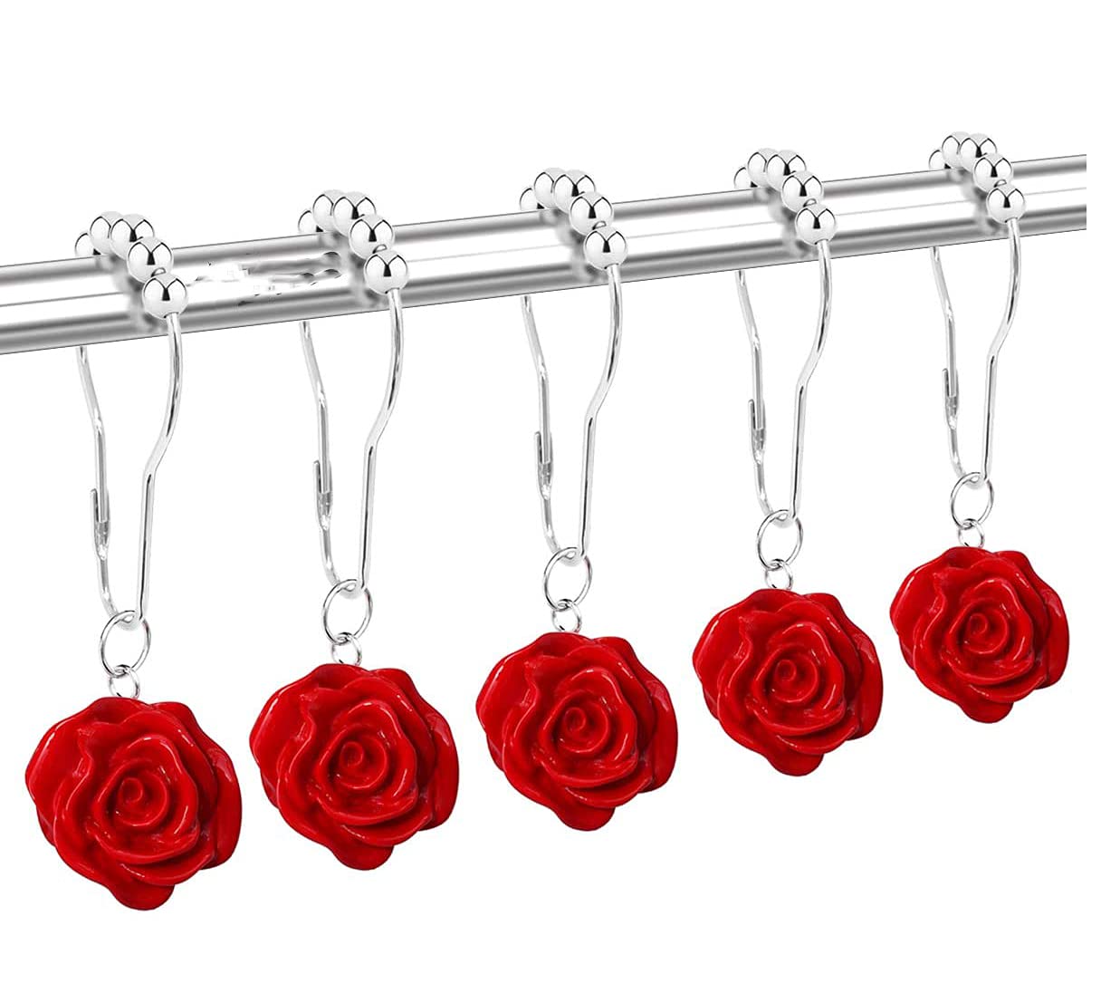 12 Pcs Rose Flower Shower Curtain Hooks - Decorative Resin Pendants with Rustproof Stainless Steel Rings for Bathroom, Bedroom & Dorm - Elegant Floral Shower Curtain Hooks for Home Decor & Gift Ideas