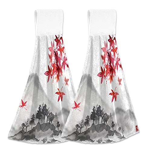 Japanese Autumn Hanging Kitchen Towels 2 Pack - Super Absorbent Fall Hand Towels, Soft Coral Velvet Dish Towels for Kitchen & Bathroom - Perfect as Washcloths, Dish Drying Towels, and Decorative Tie Towels for Seasonal Home Decor