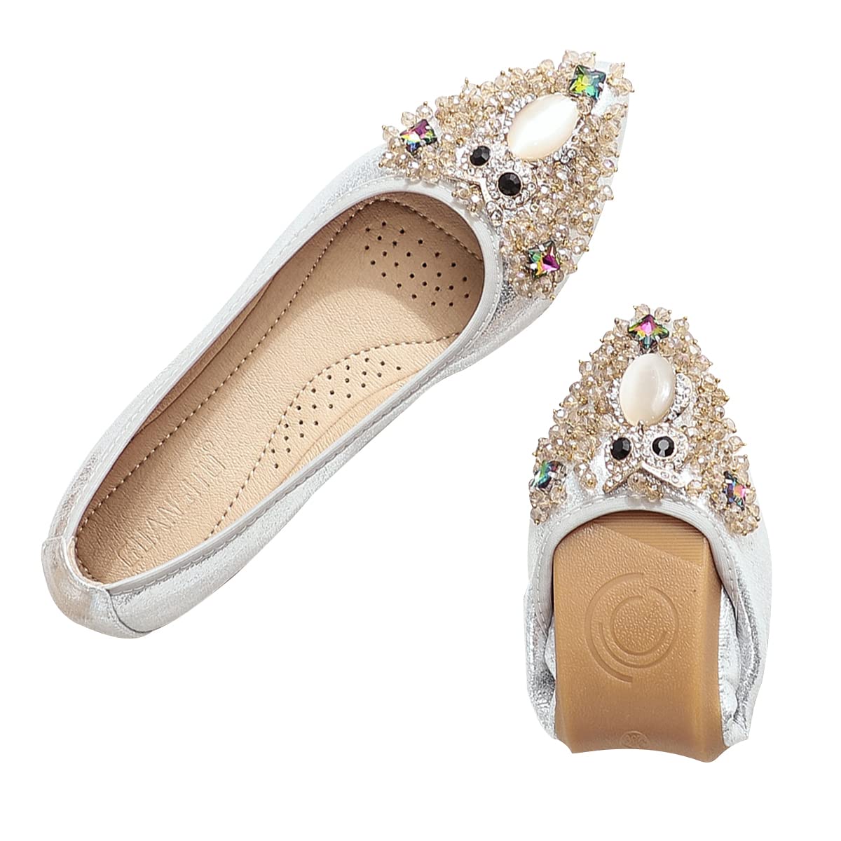Elegant Women's Foldable Slip-On Ballet Flats with Rhinestones - Soft Leather Pointy Toe Flats for Big Sizes - Perfect for Dance Practice, Casual Wear & Travel