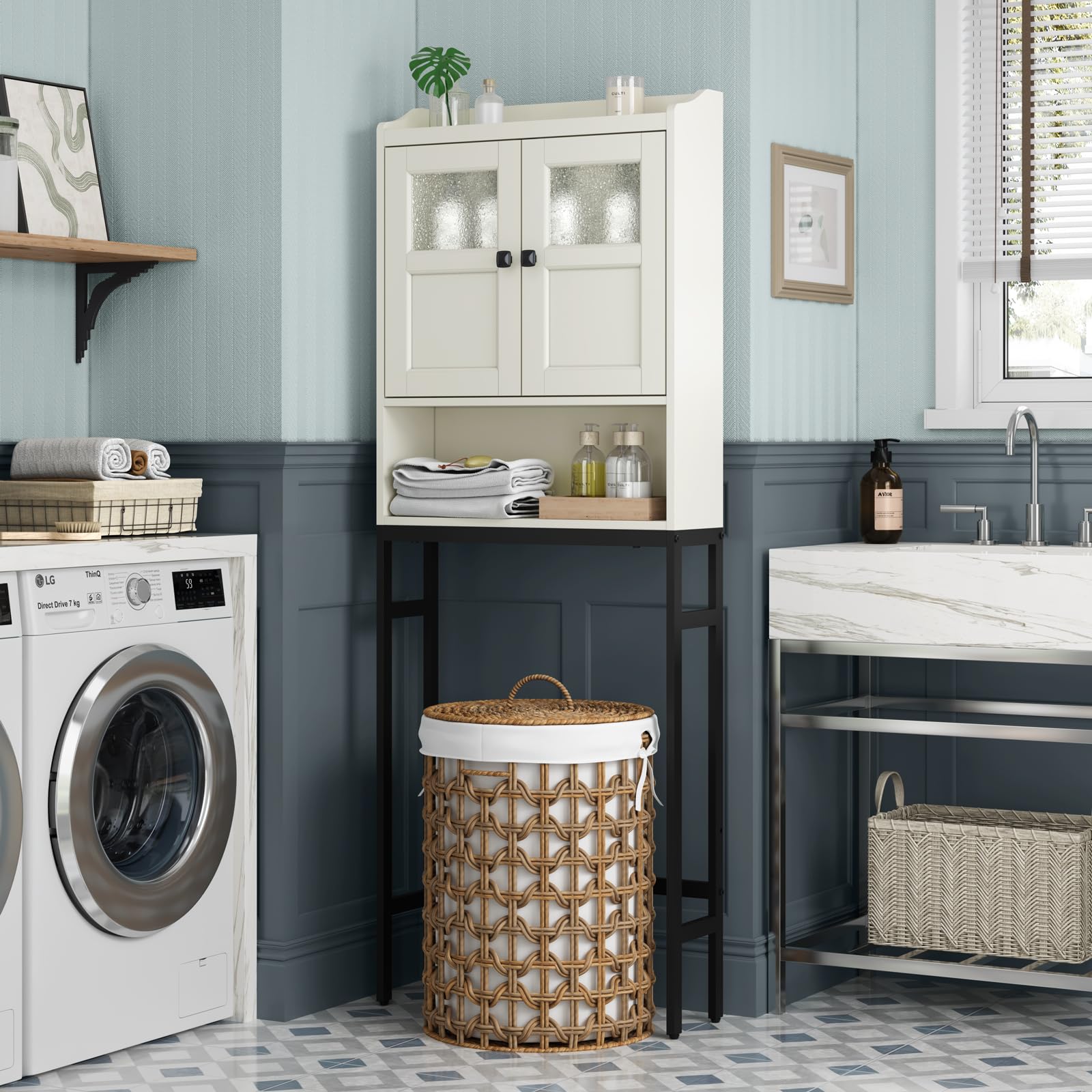 Over The Toilet Storage Cabinet with Double Doors & Soft Hinges - Bathroom Organizer Shelf for Towels, Toiletries & Essentials - Space-Saving Cream White Design for Small Bathrooms & Apartments