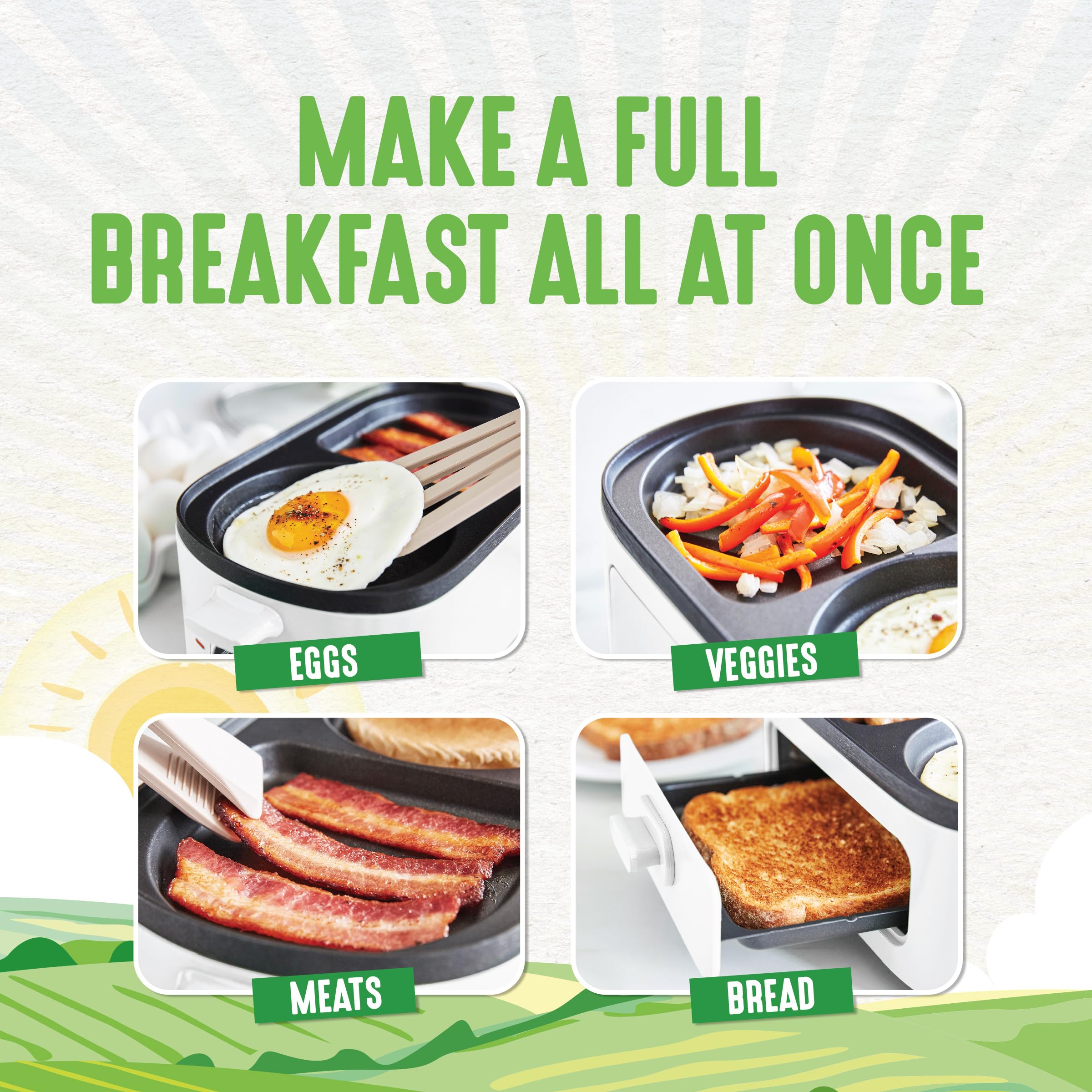 GreenLife 3-in-1 Breakfast Maker Station - Healthy Ceramic Nonstick Dual Griddles for Eggs, Meat, Sausage, Bacon & Pancakes - 2 Slice Toaster with Timer - Perfect for Quick Breakfast, Camping & Small Kitchens - White