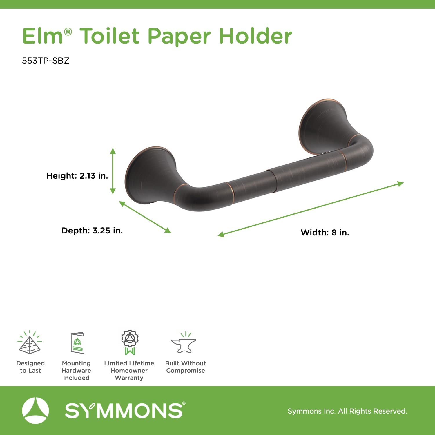 Symmons 553TP-SBZ Elm Wall-Mounted Toilet Paper Holder in Seasoned Bronze - Durable Bathroom Tissue Dispenser for Home & Commercial Use