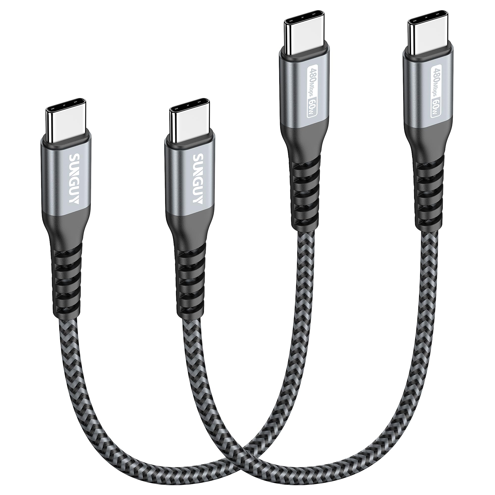 SUNGUY 2-Pack 15cm USB C to USB C Cable Fast Charging 60W 480Mbps USB 2.0 Type C Charger Cord Compatible with iPad Pro 2020, MacBook Pro, iPad Air 4, Samsung Galaxy S20/S10/S9, Huawei, Google Pixel, Nintendo Switch - Grey | Perfect for Travel, Office & Home Charging