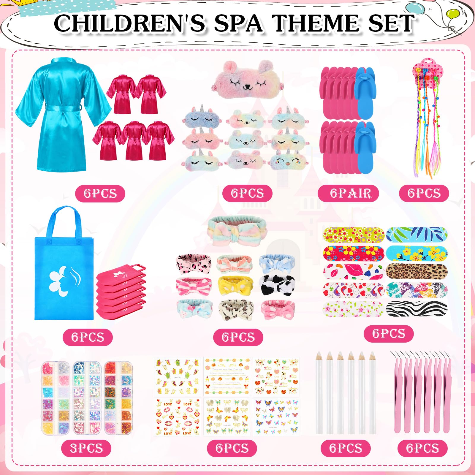Suhine 6-Piece Girls Spa Birthday Party Kit - Satin Robe, Tote Bags & Nail Salon Accessories (Blue, Rose Red) | Perfect for Kids Birthday Parties, Spa Days & Sleepovers