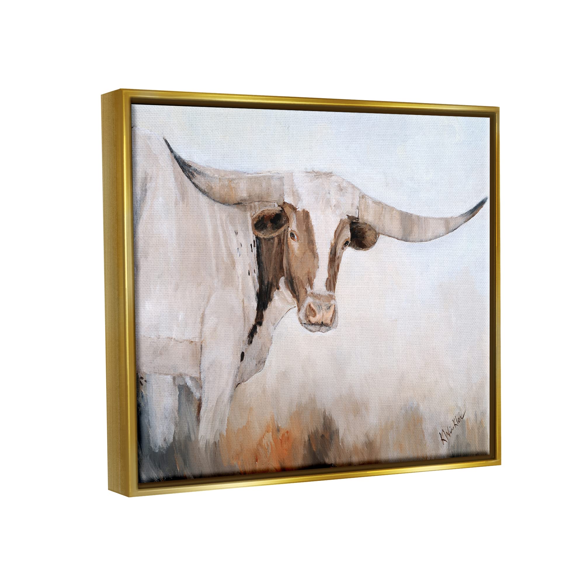 Stupell Industries Framed Floater Canvas Wall Art - Farmhouse Longhorn Cattle Painting by Kathy Winkler | Western Home Decor for Living Room, Bedroom & Office