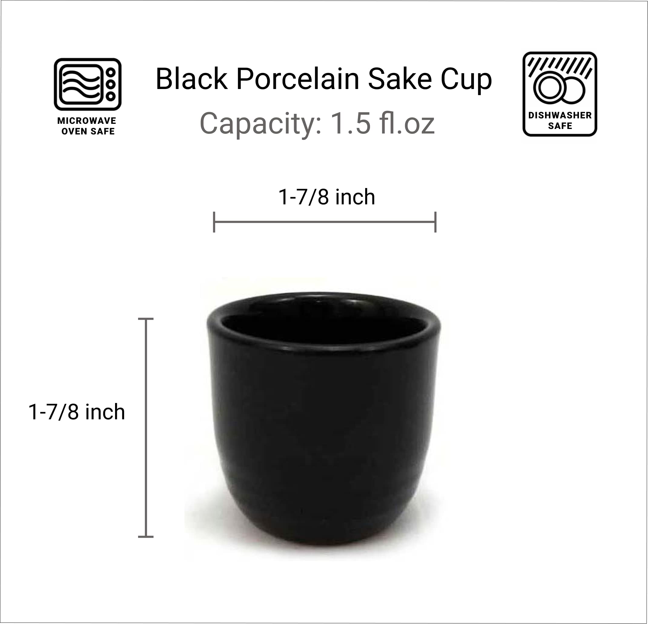 Premium Set of 4 Japanese Porcelain Sake Cups - 1.5oz Traditional Black Saki Wine & Tea Cups - Microwave & Dishwasher Safe - Perfect for Sake Tasting, Japanese Tea Ceremonies & Home Entertaining
