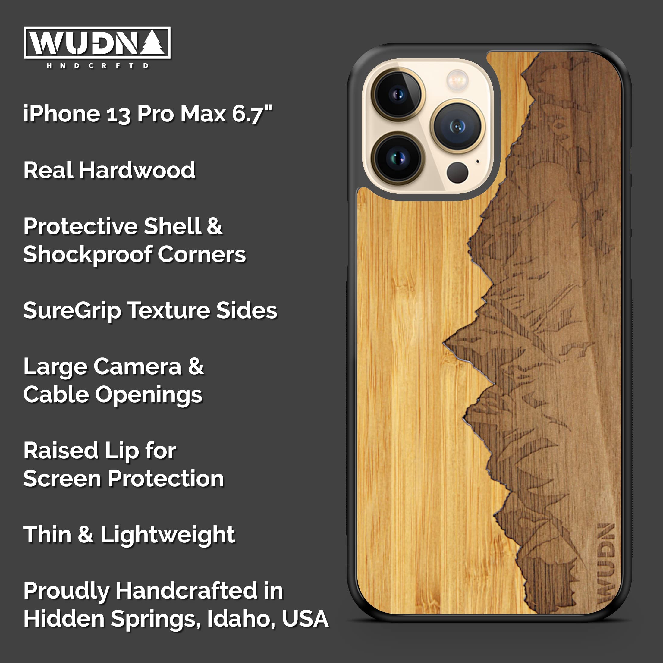 Slim Wooden Phone Case for iPhone 13 Pro Max - Natural Bamboo Sky & Sawtooth Mountains Design | Eco-Friendly Protective Cover | Perfect for Outdoor Adventures, Travel & Daily Use