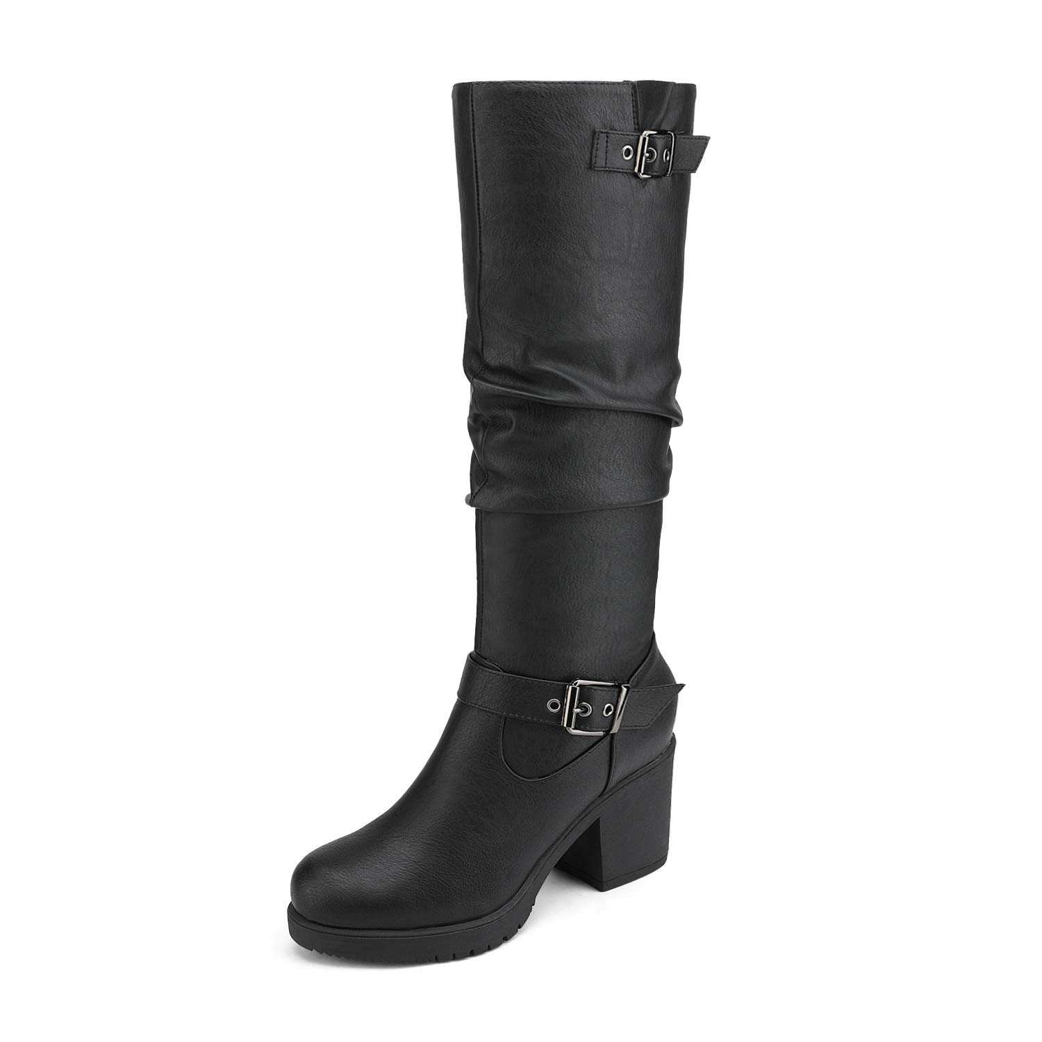 DREAM PAIRS Women's Chunky Heel Knee High Boots - Black Round Toe Side Zipper Winter Boots with Faux Fur Lining | Warm & Stylish for Cold Weather, Office, Party & Night Out