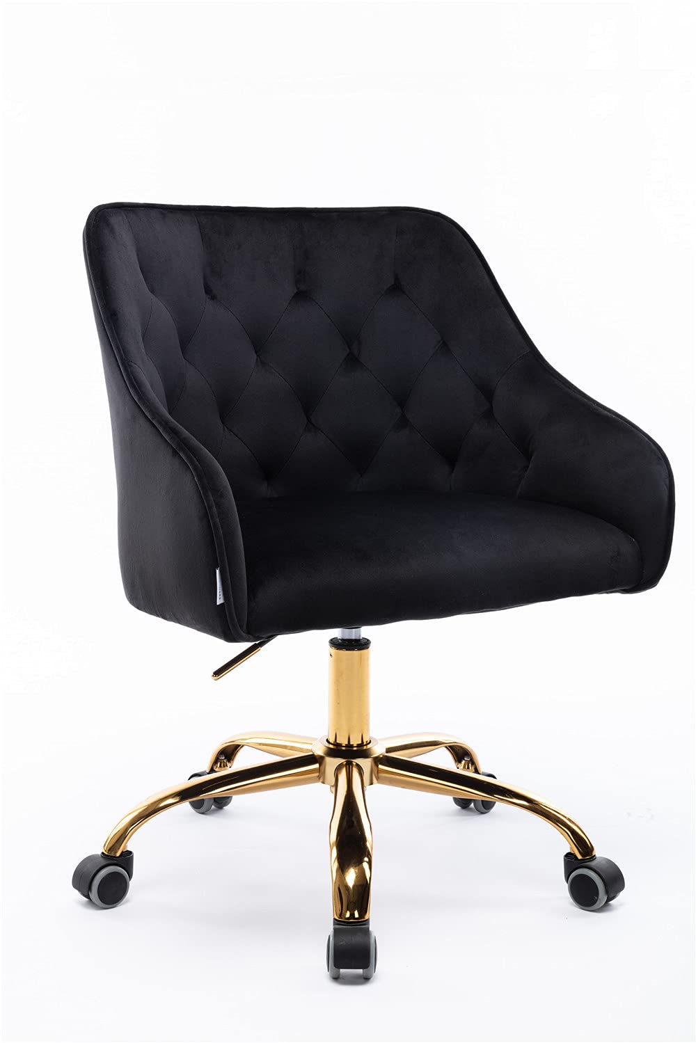 Swivel Velvet Office Chair - Modern Tufted Desk Chair with 5-Wheel Base & Adjustable Height - Golden Base Accent Chair for Home Office, Bedroom or Vanity - Black Velvet Executive Chair for Work & Relaxation