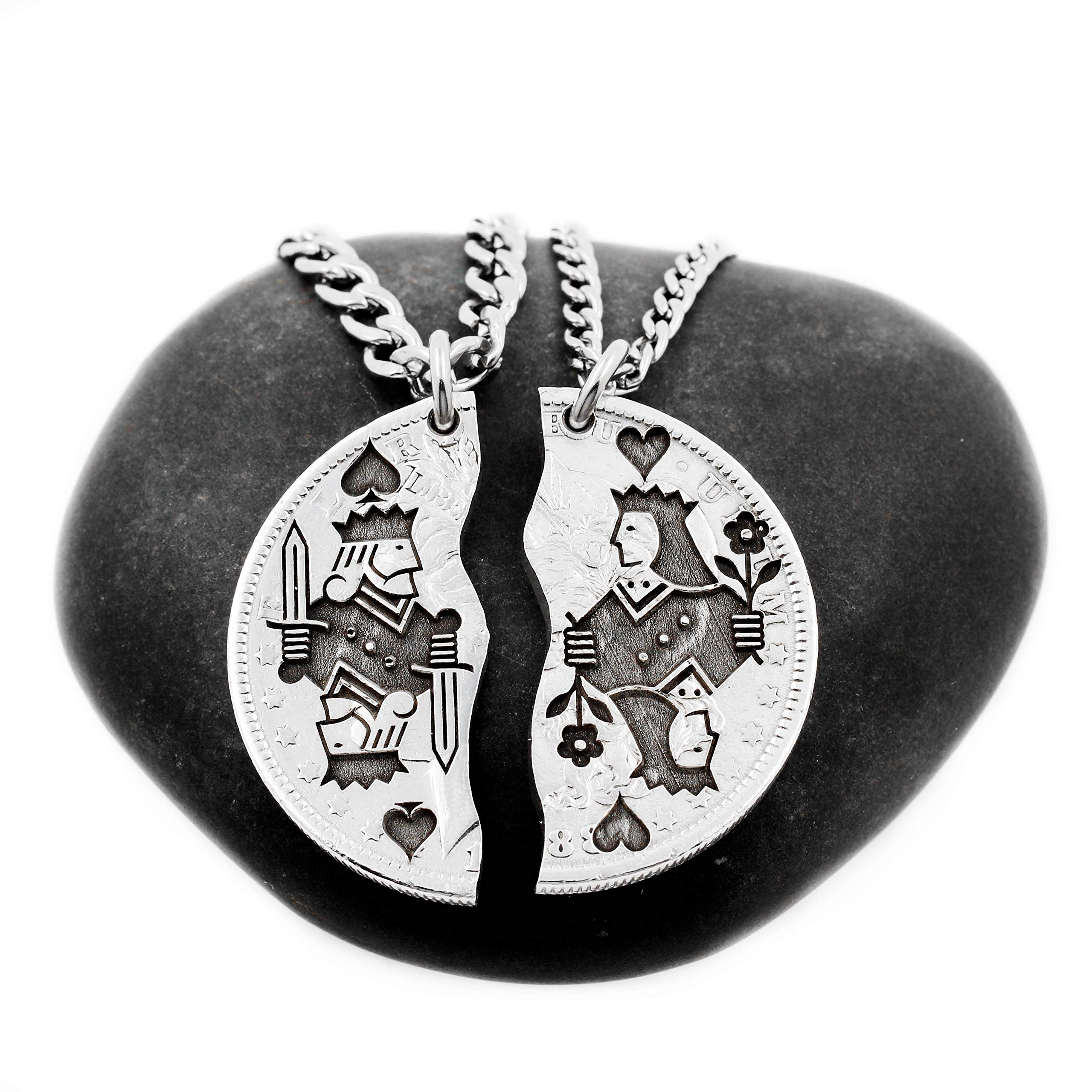 NameCoins King & Queen Playing Card Necklaces - Best Friends & Couples Jewelry Gift Set (King of Spades & Queen of Hearts) - Hand-Cut Coin Pendants for Anniversaries, Valentine's Day & Romantic Occasions