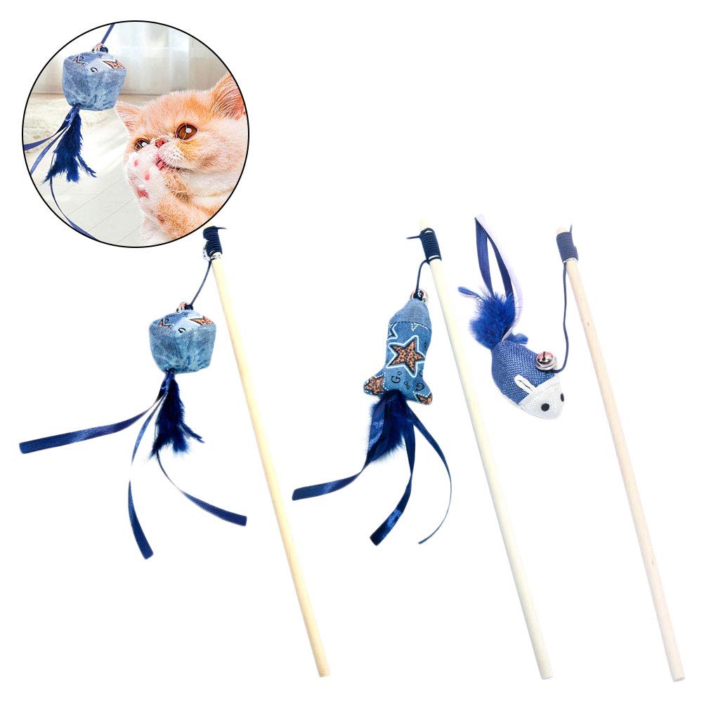 3Pcs Wooden Cat Toys for Kittens - Interactive Teaser Wand with Puppet Pendant, Catcher Toy for Playtime - Perfect for Indoor Play, Training & Bonding with Your Cat