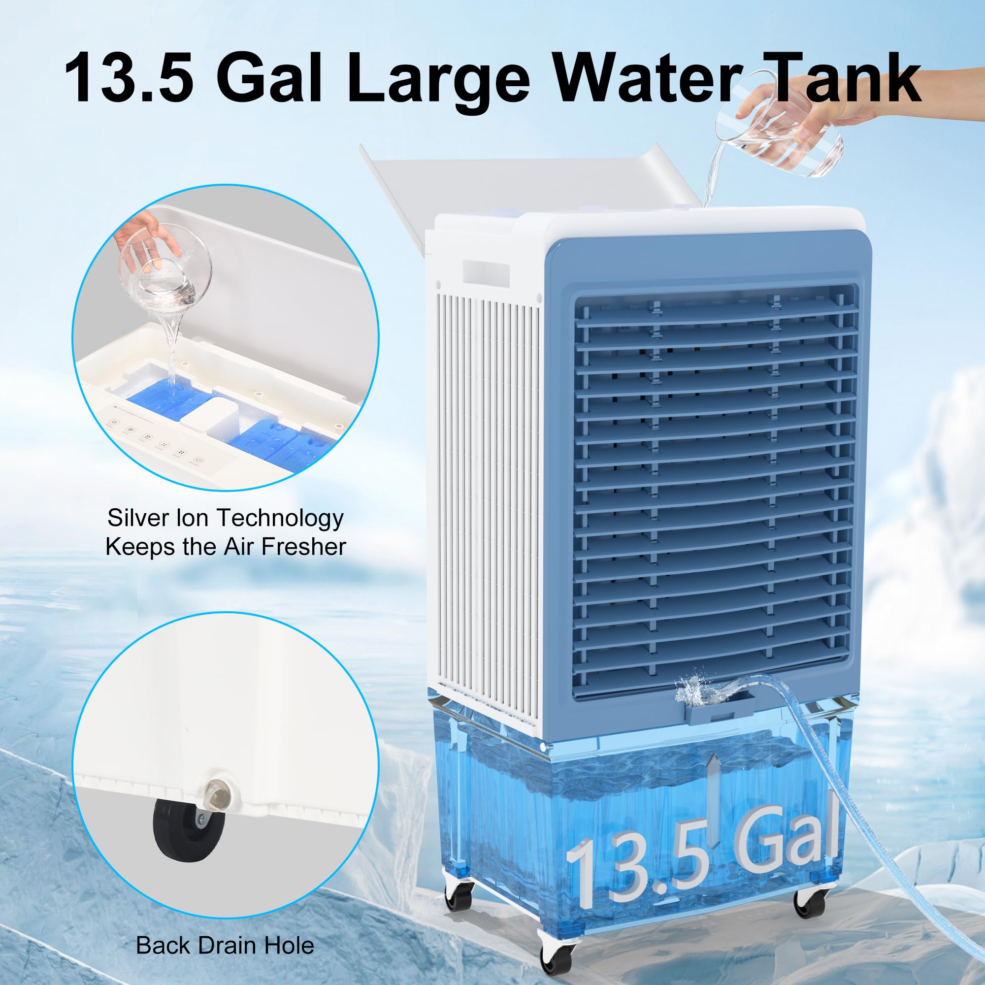 6000CFM Evaporative Air Cooler with 13.5-Gallon Water Tank - Portable Swamp Cooler with Silver Ion Technology, Water Level Alarm & 12H Timer - Indoor Outdoor Cooling for Garage, Patio, Workshop, and Home Use (47 Inches)