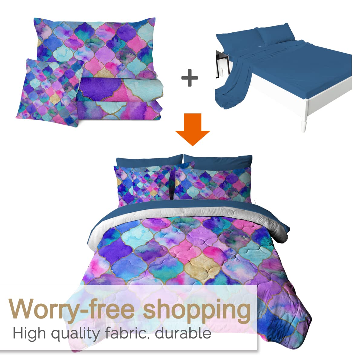 BlessLiving 8-Piece Boho Comforter Set Full Size - Mediterranean Style All Season Bed in a Bag with Down Alternative Comforter & Sheets (Purple, Blue, Pink) for Cozy Bedroom Decor & Guest Room Makeover
