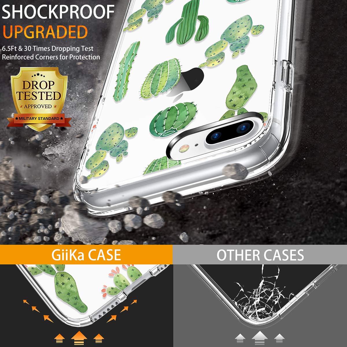 GiiKa Clear Heavy Duty Protective Case for iPhone 8 Plus/7 Plus with Screen Protector | Floral TPU Bumper Cover | Green Cactus Design | Perfect for Women & Girls - Everyday Protection & Stylish Look
